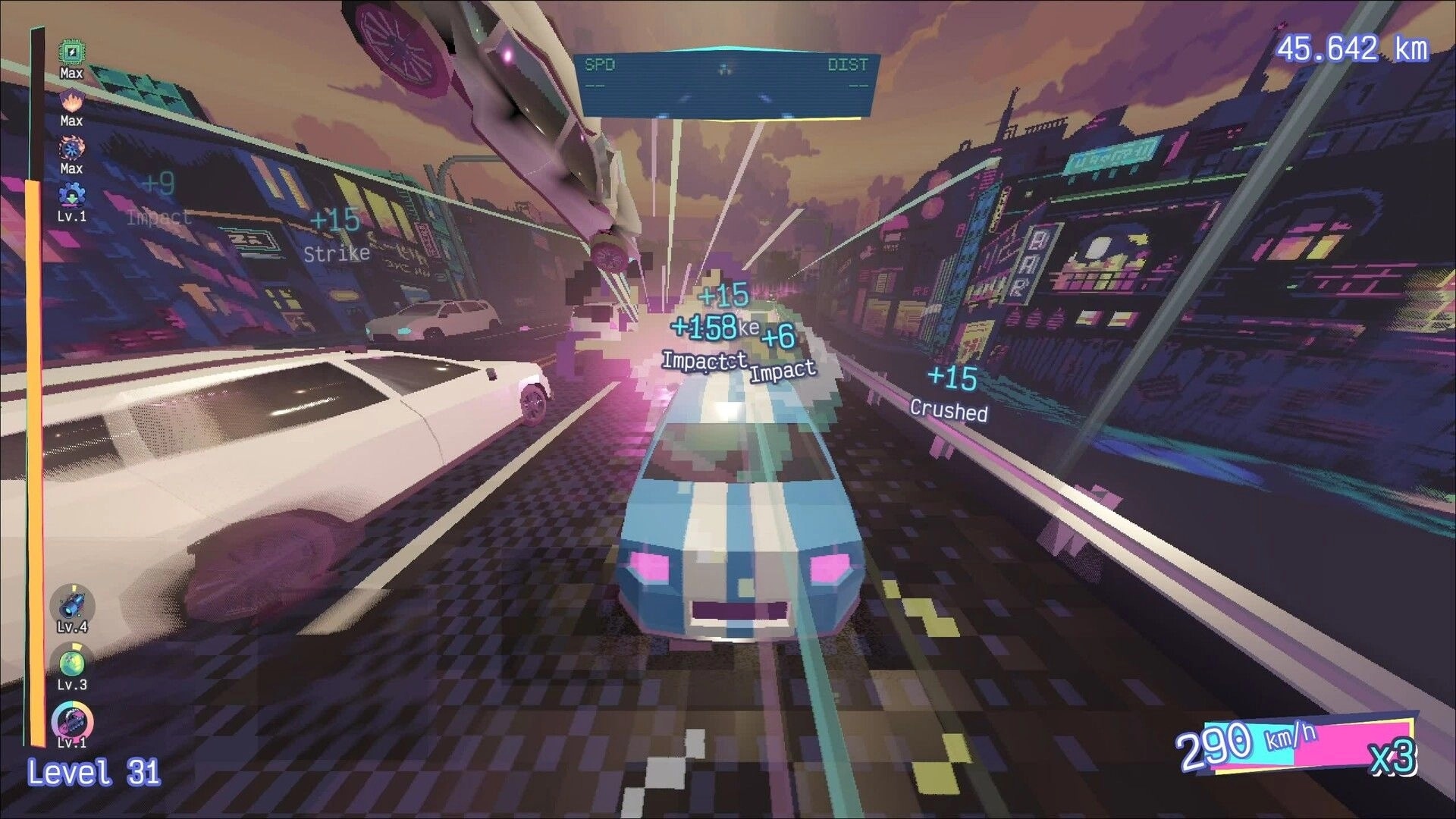 Glitch Gears: Blue car dodges traffic at high speed in vibrant neon city with score points shown