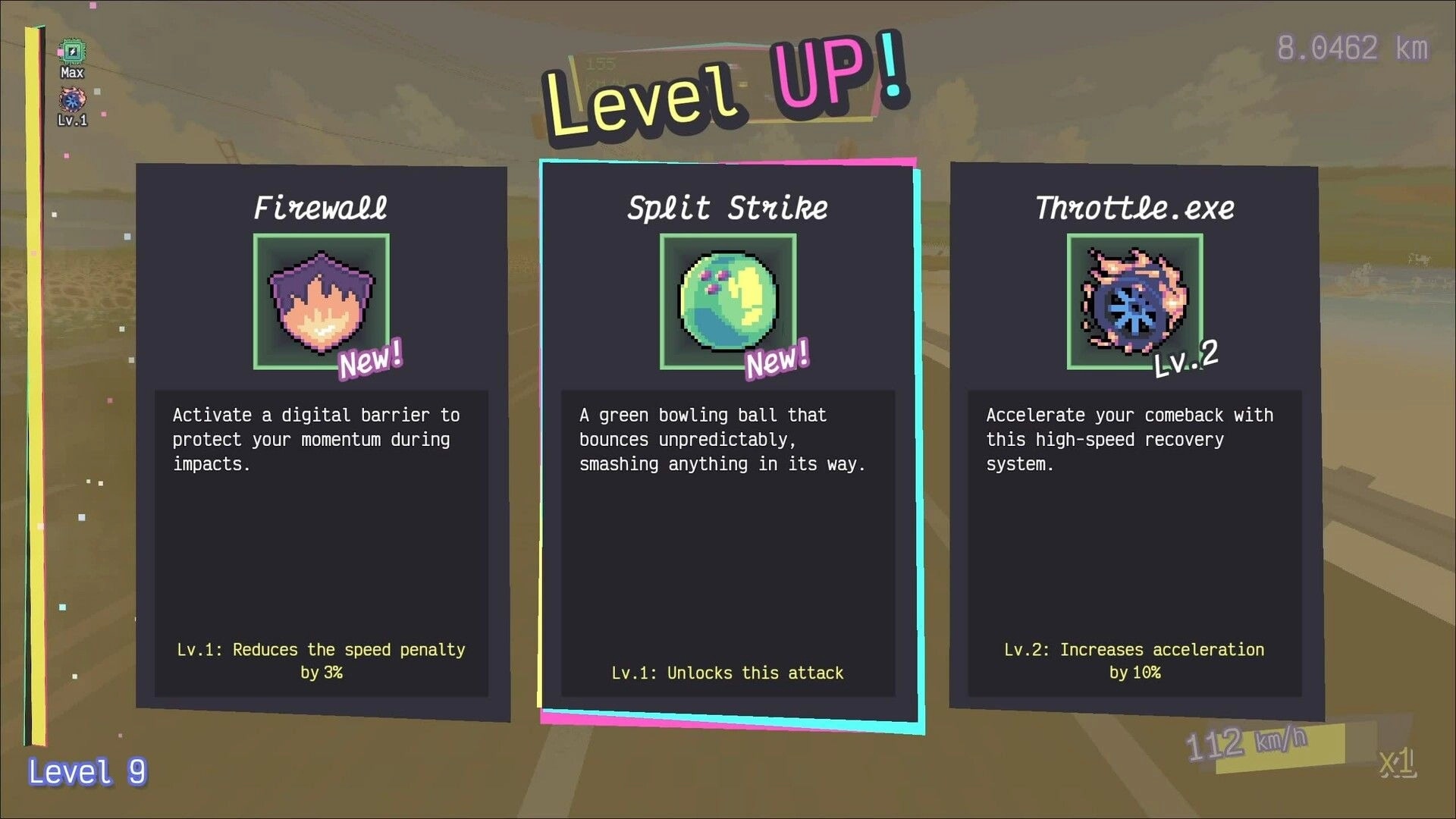 Glitch Gears: Level up screen featuring Firewall, Split Strike, Throttle.exe with descriptions and stats