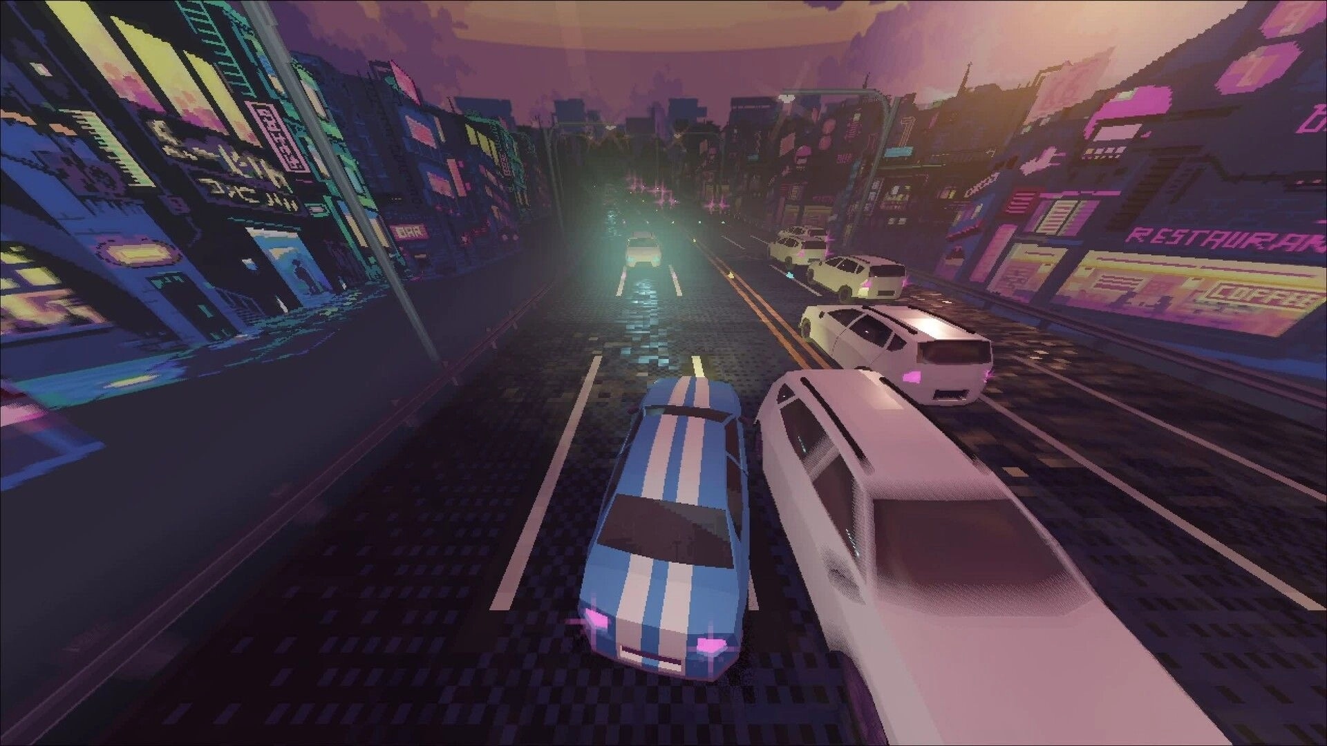 Glitch Gears: Blue car dodging traffic on neon-lit city highway at dusk