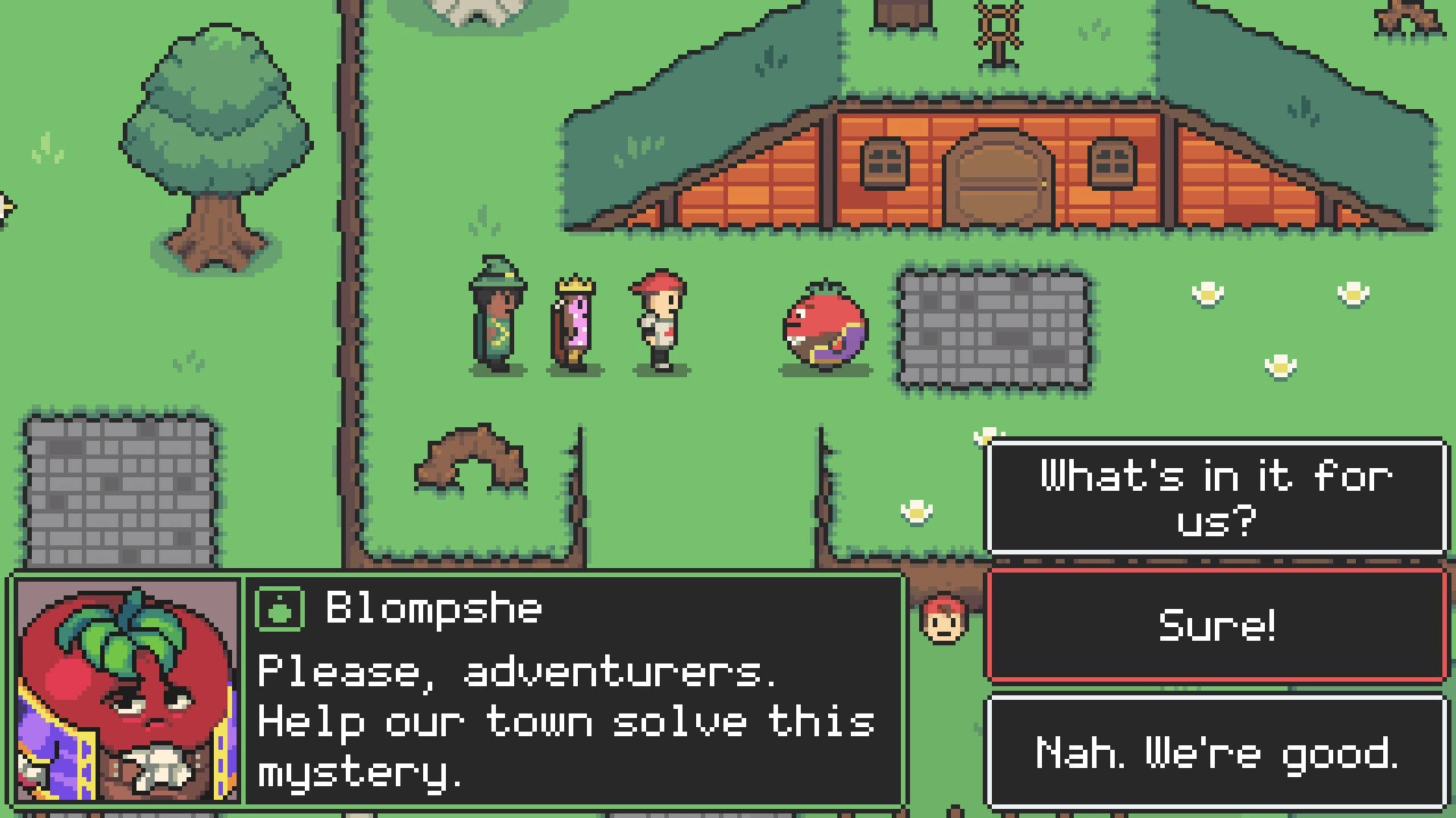 GLITCHED: Dialogue choice with Blompshe asking for help outside a burrow house in town square.