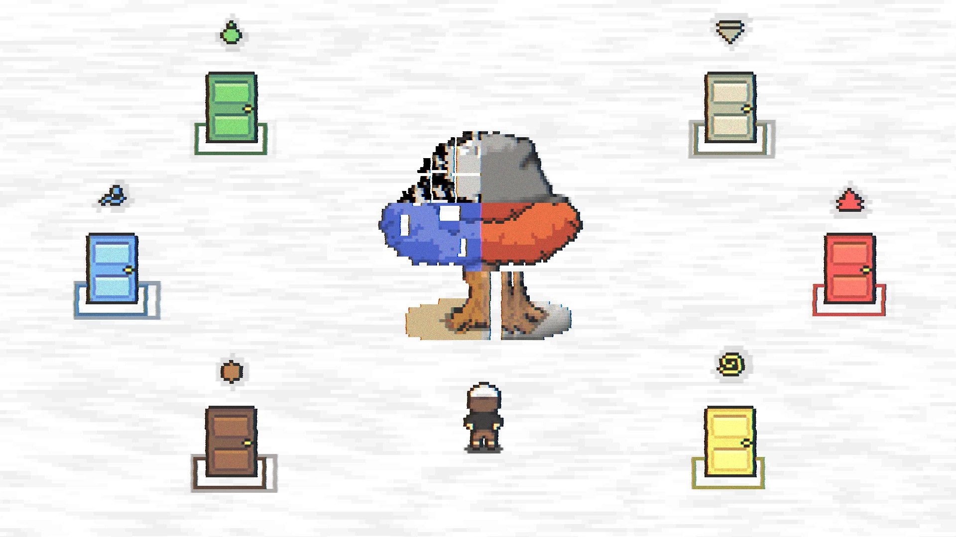 GLITCHED: Small player sprite faces a glitchy split tree, surrounded by six colored doors on white floor.