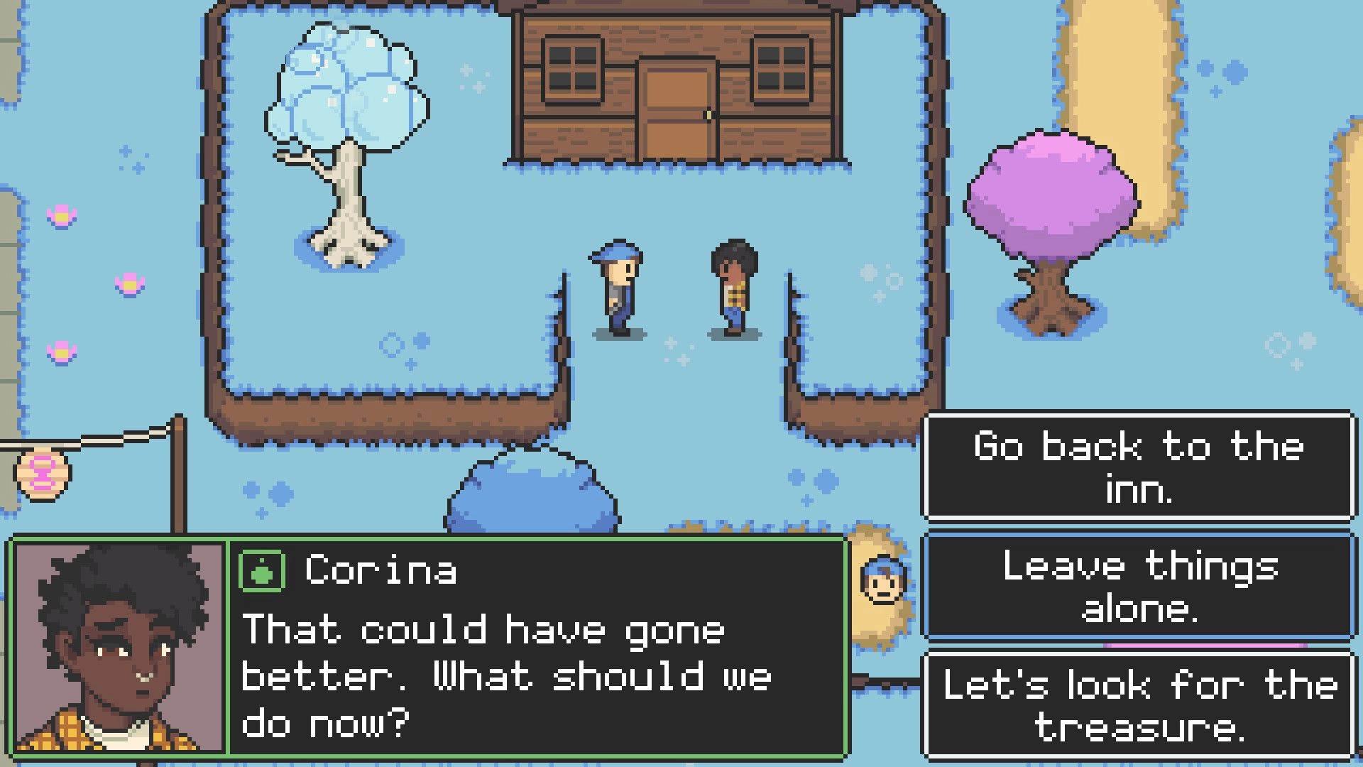 GLITCHED: Corina dialogue choice menu as two sprites stand by a cabin in a snowy village path.