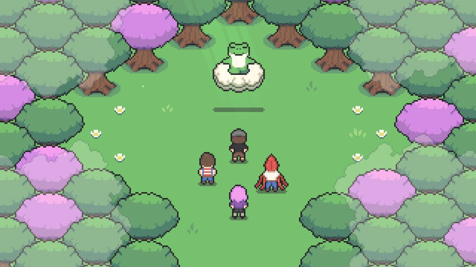 GLITCHED: Four party members face a cloud-riding green creature in a forest clearing battle scene.
