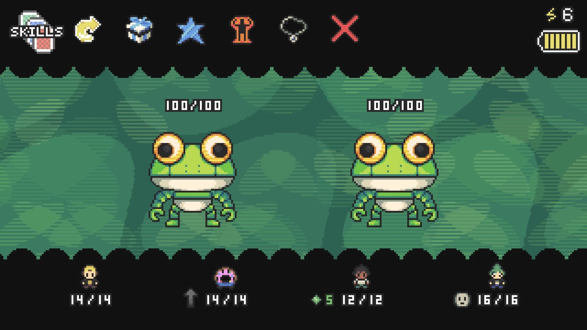 GLITCHED: Two frog enemies at 100/100 HP with skills icons and party stats in a green cave arena.