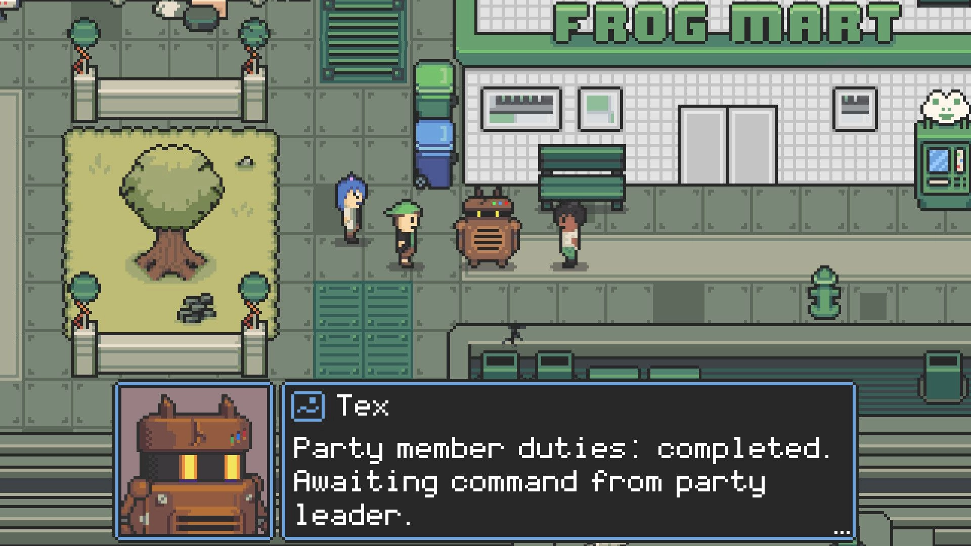 GLITCHED: Tex reports party duties completed as three characters stand outside a PROGRAMMATE building.