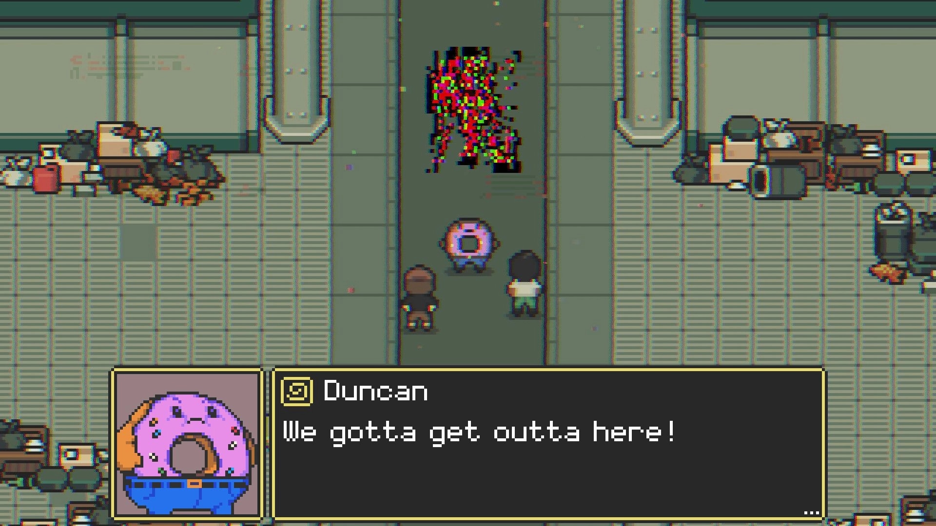 GLITCHED: Duncan warns “We gotta get outta here!” as two sprites face a glitchy foe in a corridor.