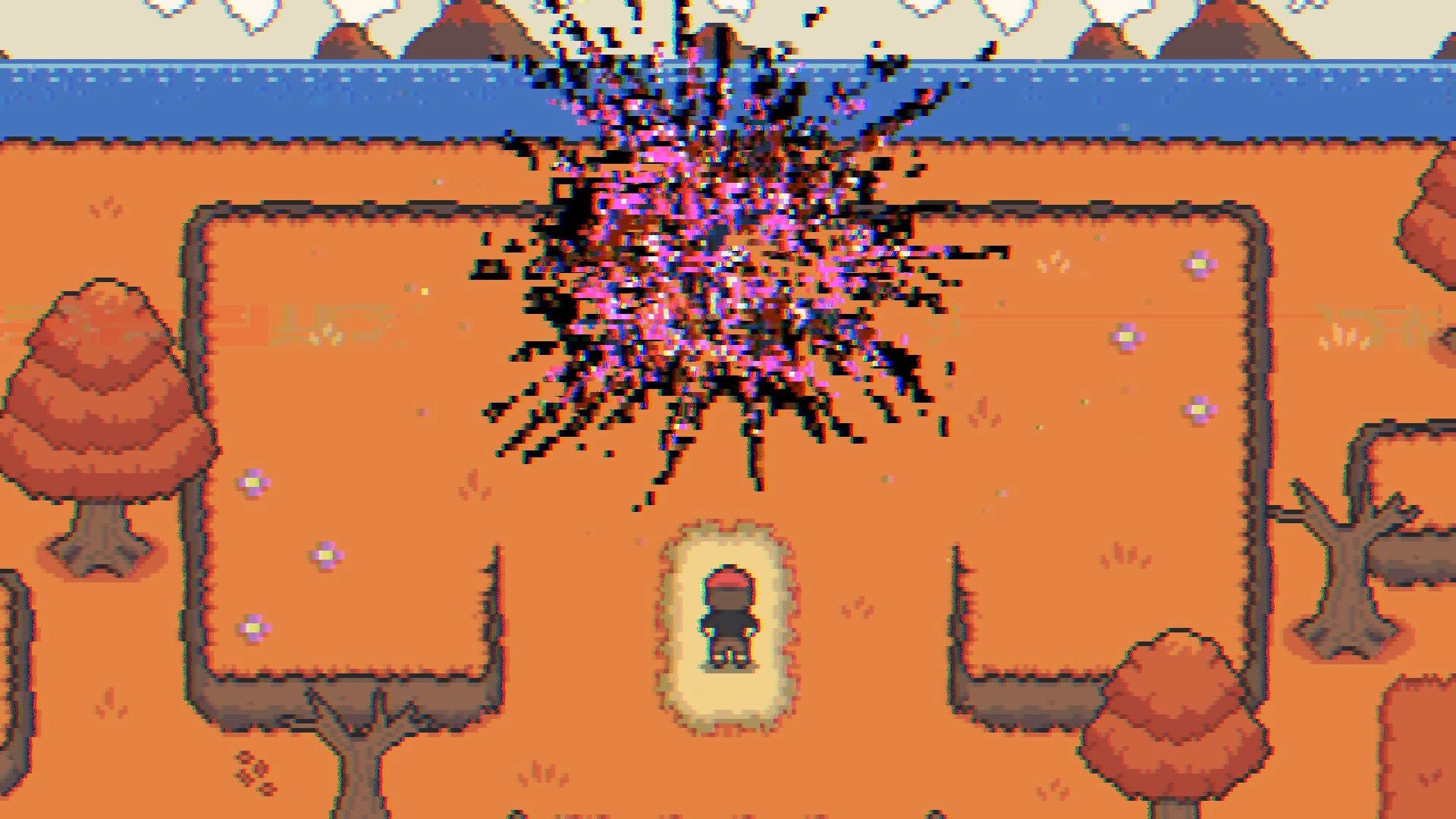 GLITCHED: Pixel character faces a huge static glitch burst in an autumn field with trees and water.