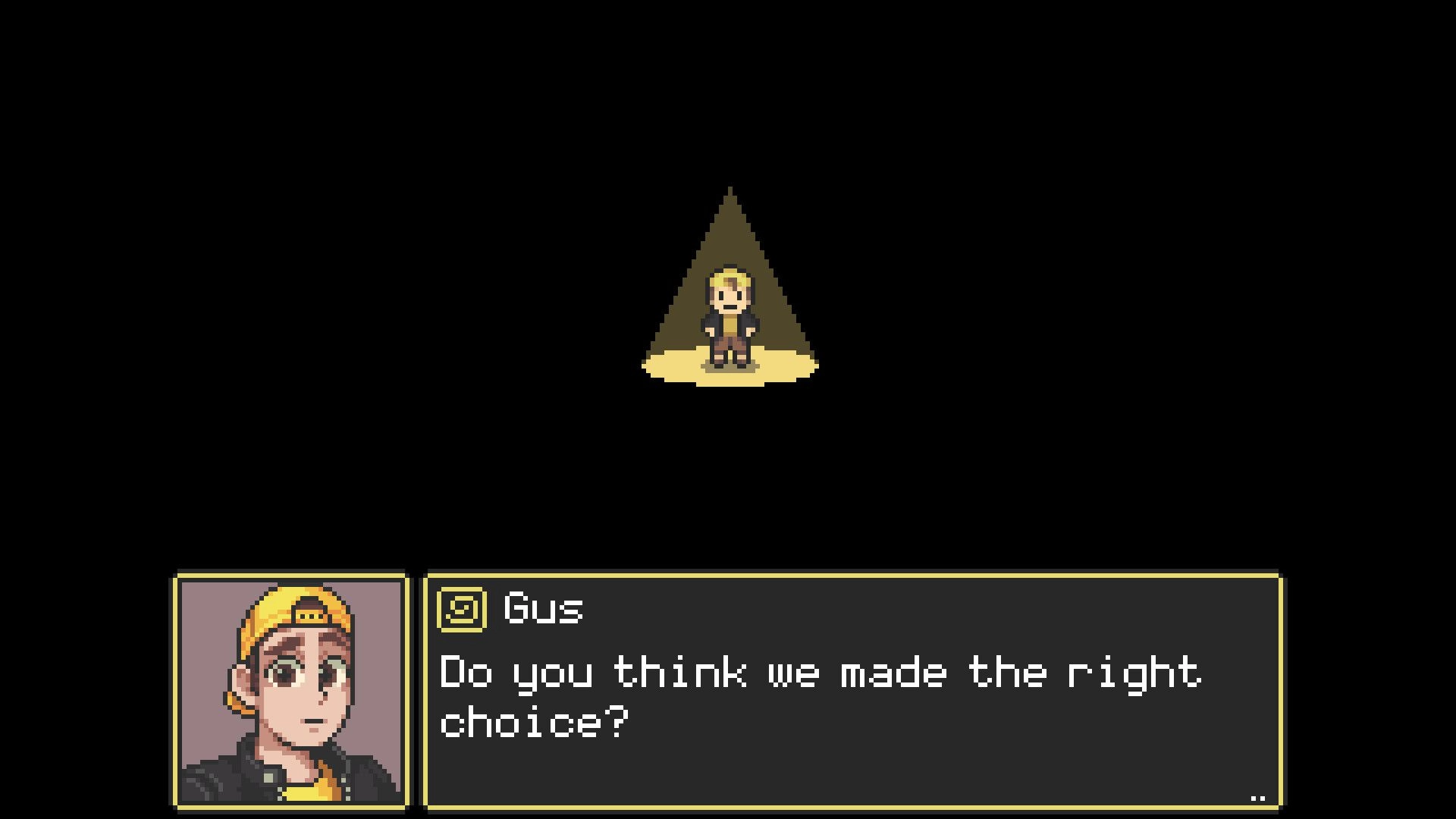GLITCHED: Gus speaks in dialogue box as his sprite stands under a spotlight in darkness.