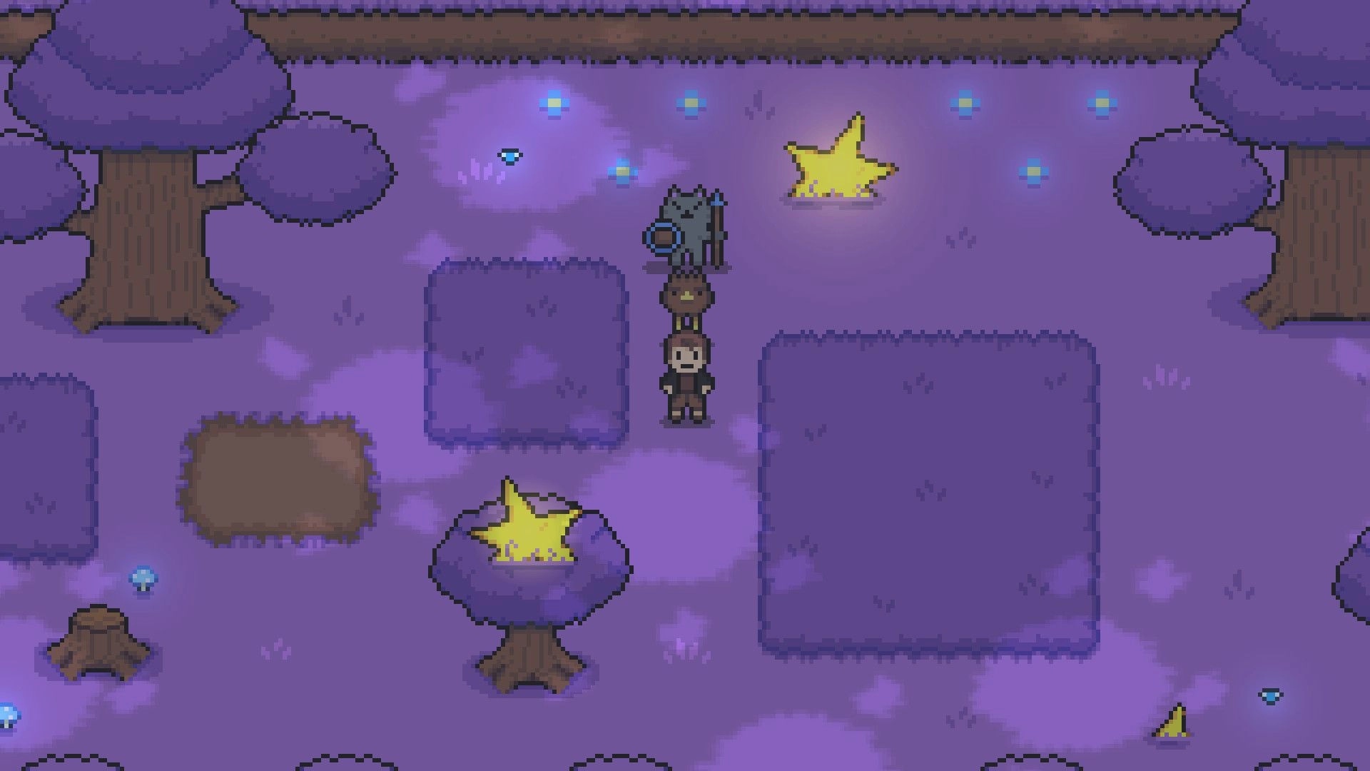 GLITCHED: Party of three stands near glowing yellow campfires in a purple forest clearing at night.