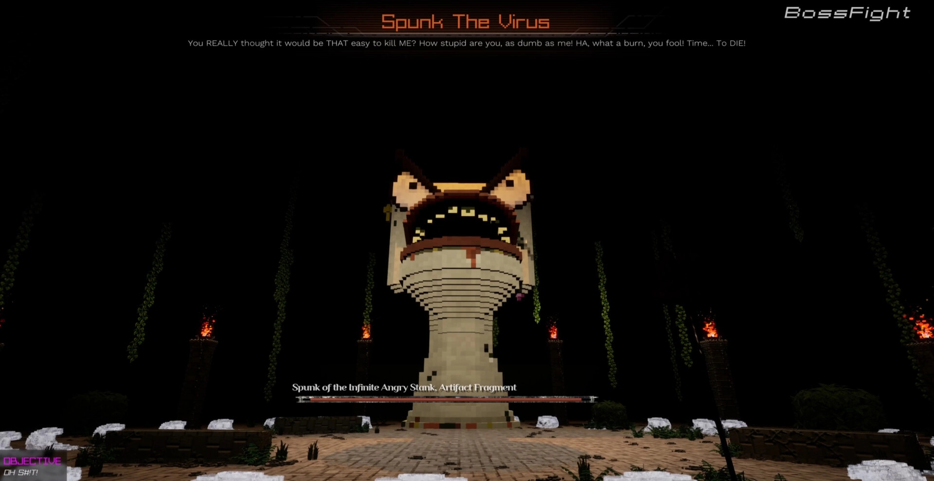 GlitchSPANKR: Spunk the Virus towering in a fiery arena, displaying taunting dialogue and objective alert.