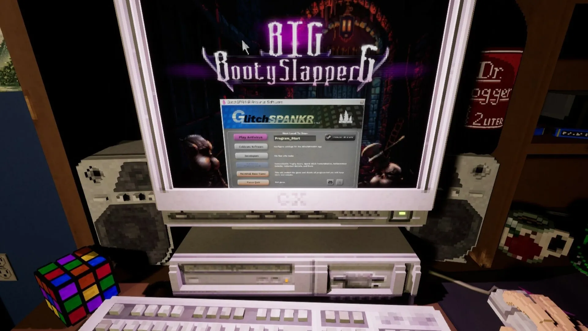 GlitchSPANKR: Retro computer setup displaying game menu with various options and pixel art graphics