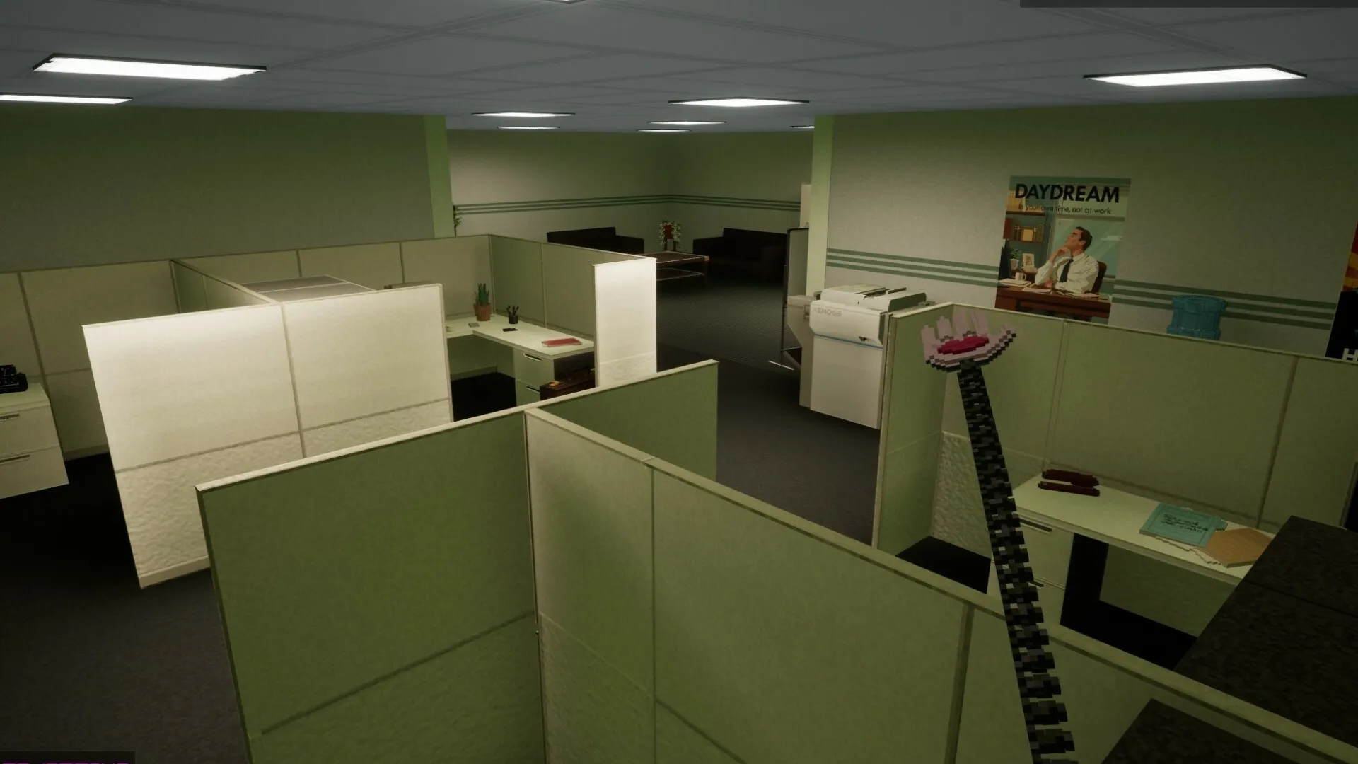 GlitchSPANKR: First-person view of an office with cubicles, wielding a pixelated weapon in hand