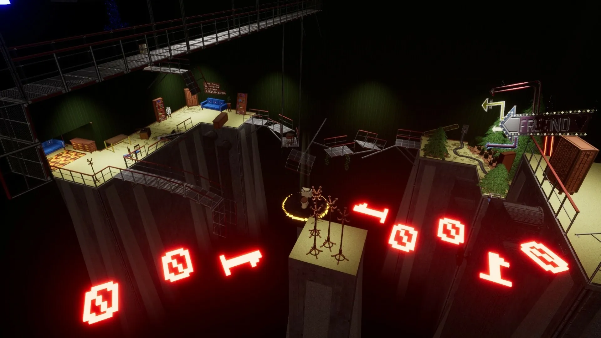 GlitchSPANKR: Platforming on floating structures with neon arrows and "FRIEND" sign in dark environment