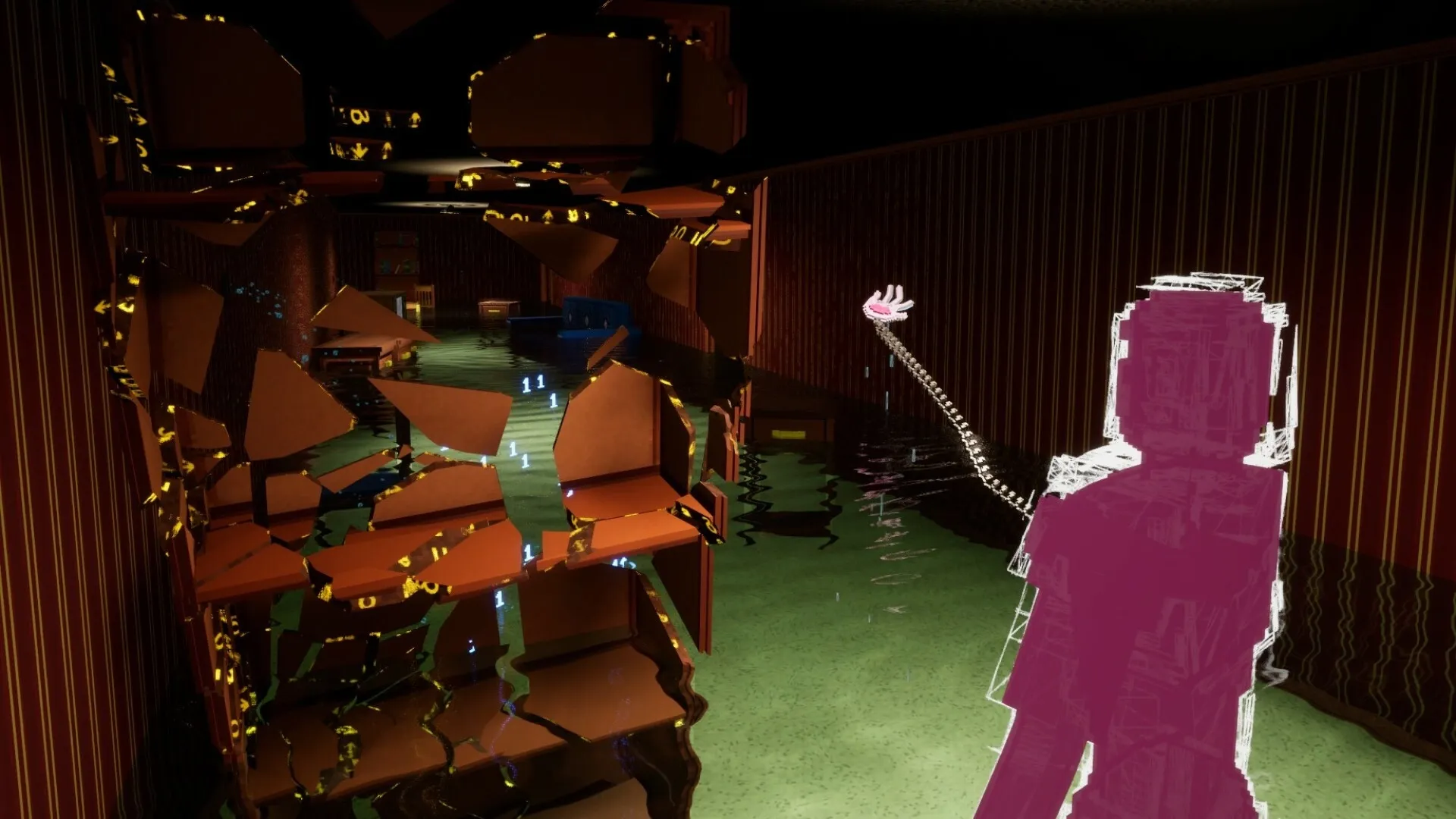 GlitchSPANKR: Wireframe character facing glitchy wall in a flooded room with floating numbers