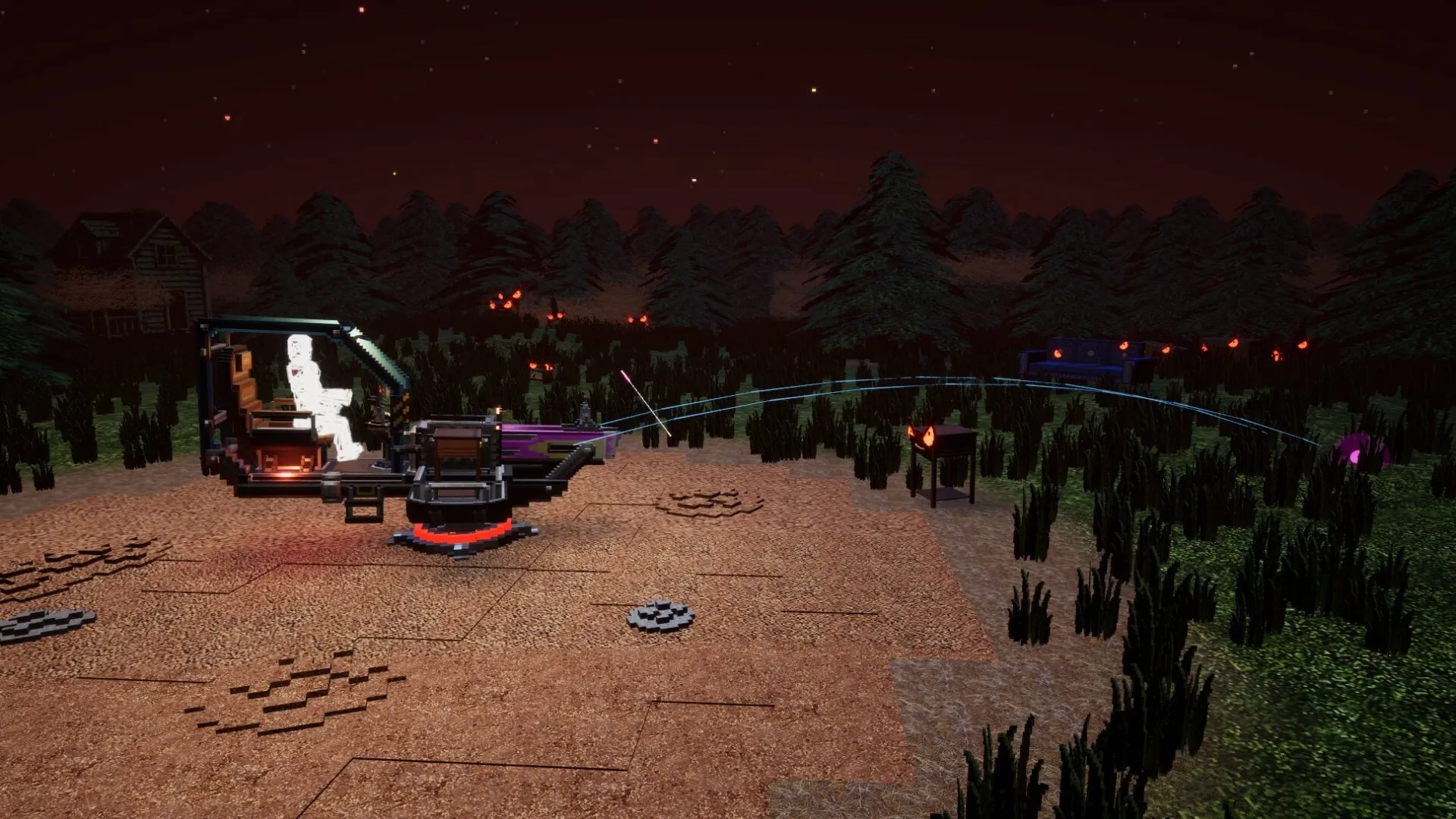 GlitchSPANKR: Night forest setting with futuristic machine and glowing orbs scattered among the trees