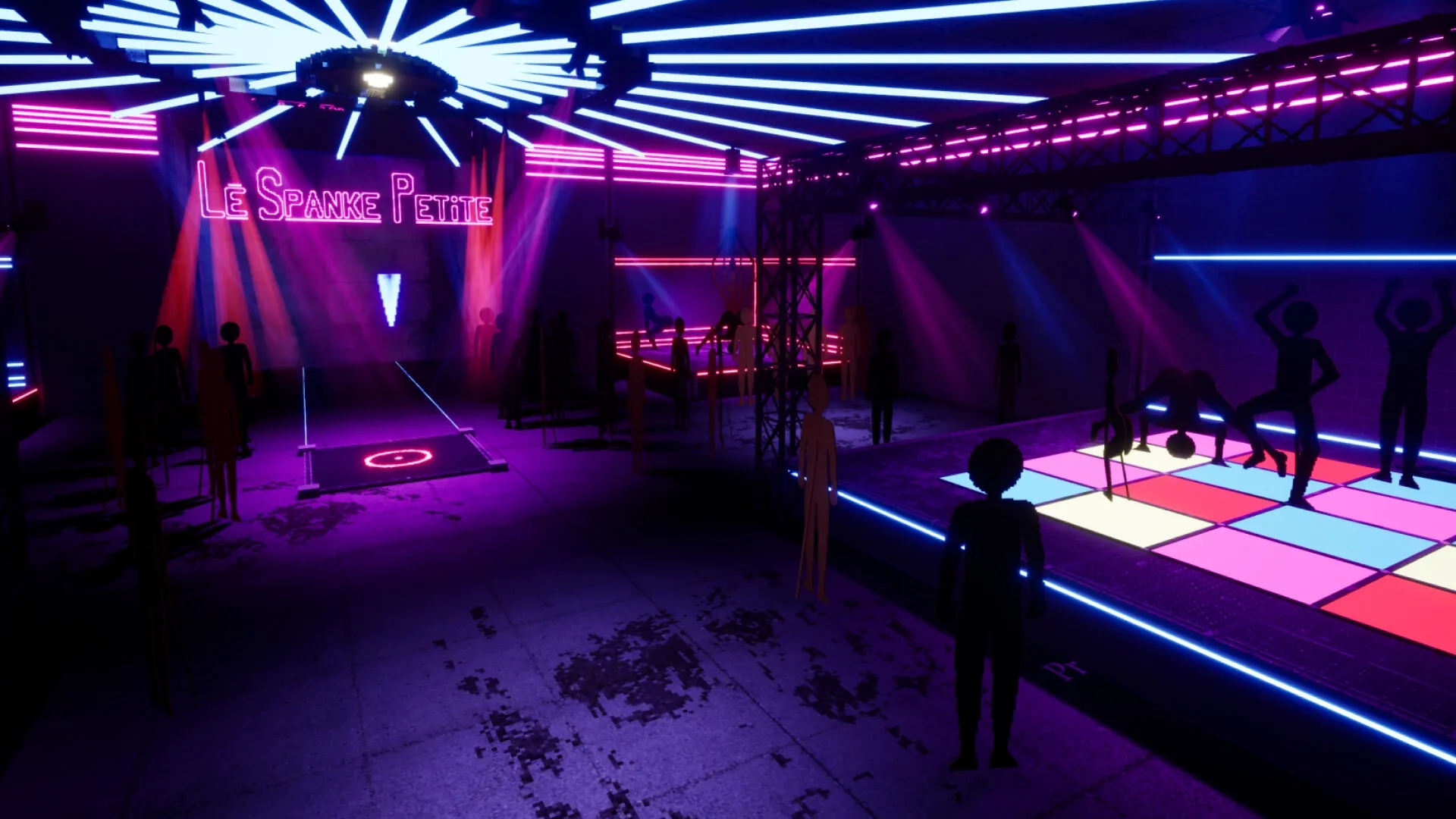 GlitchSPANKR: Neon-lit nightclub with silhouettes dancing on a vibrant floor under dynamic lighting effects