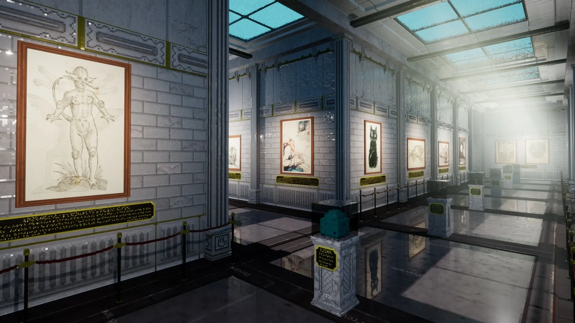GlitchSPANKR: Art gallery with vintage sketches, illuminated by skylights in a polished marble hall