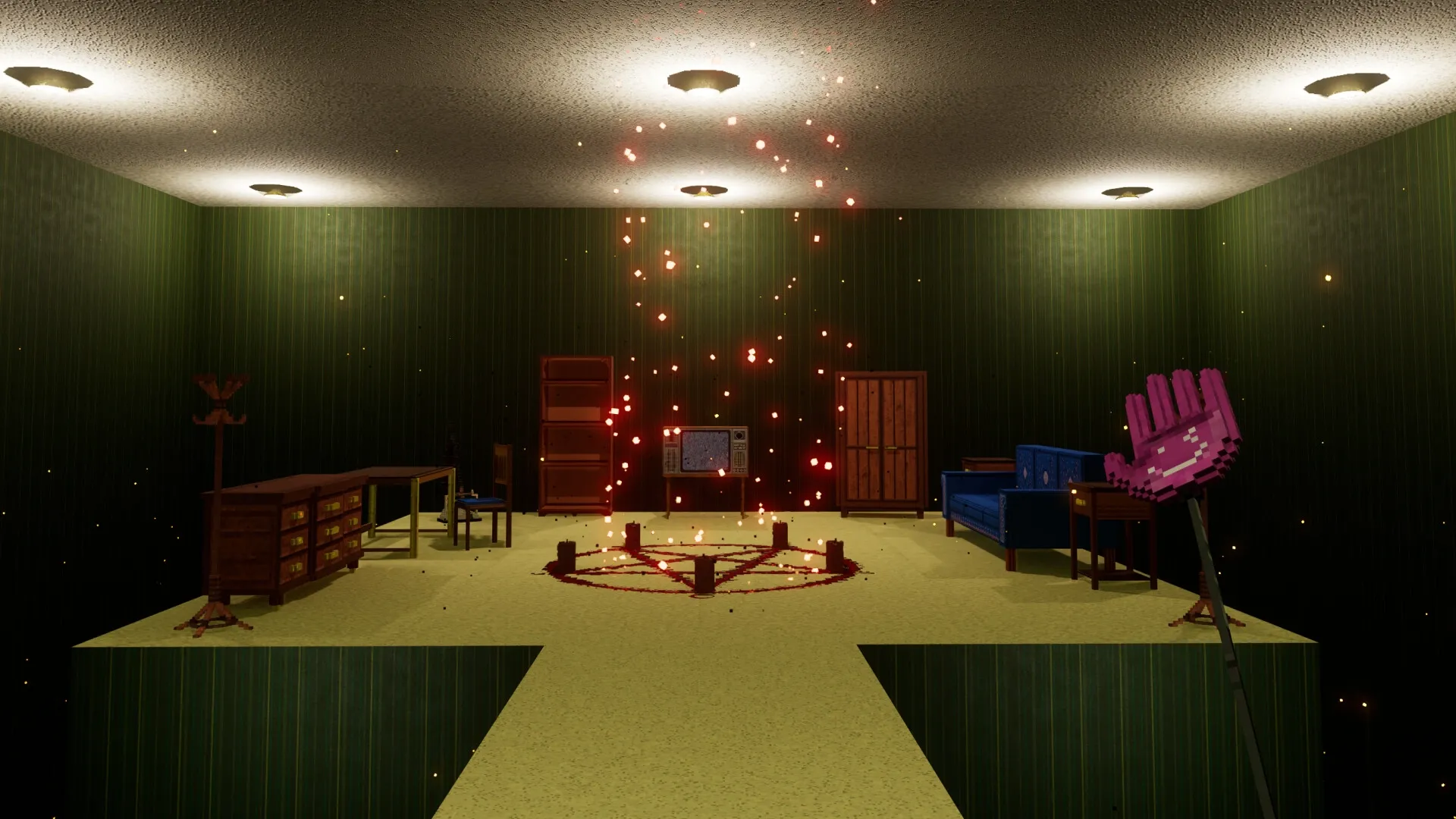 GlitchSPANKR: Dimly lit room with a glowing pentagram, vintage TV, and pixelated pink glove weapon