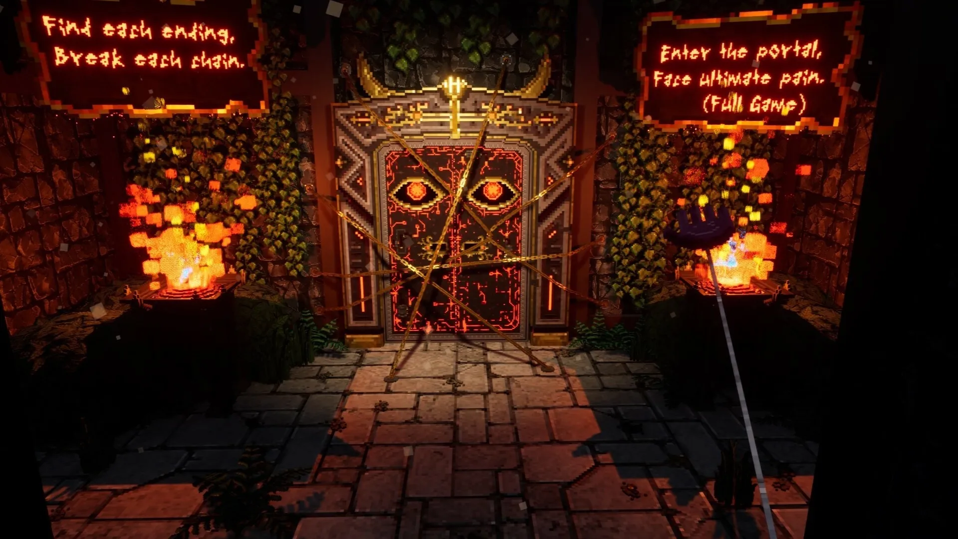 GlitchSPANKR: Enchanted door with glowing eyes, surrounded by torches and vines in a stone courtyard.