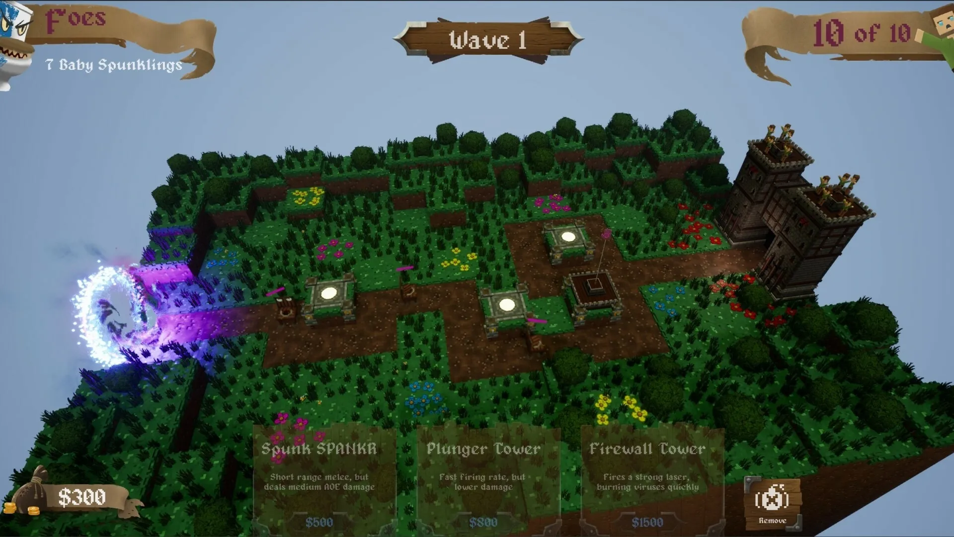 GlitchSPANKR: Wave 1 with Spunk SPANKR towers defending against Baby Spuntlings in a grassy environment