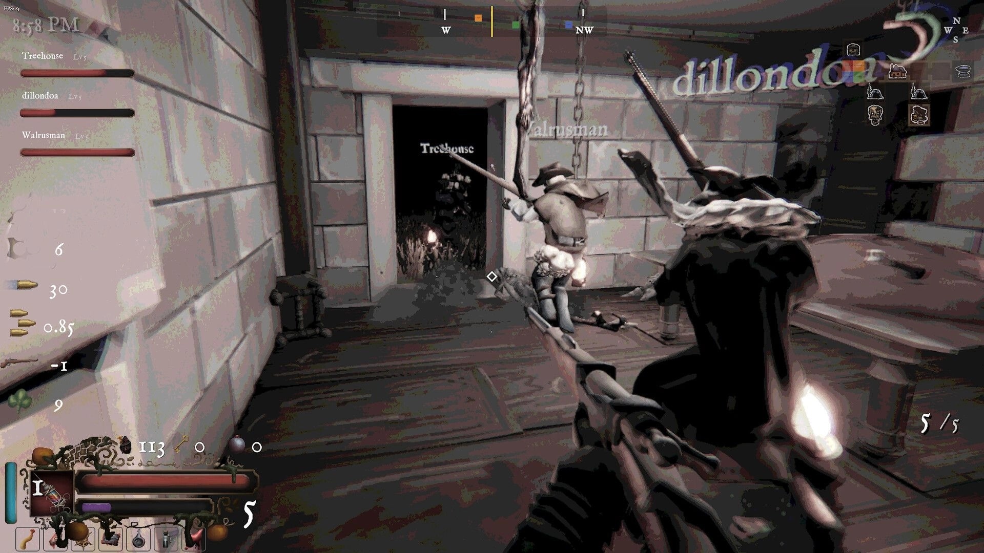 Gloam: First-person co-op gunfight with allies in a stone room, aiming at doorway, HUD visible.