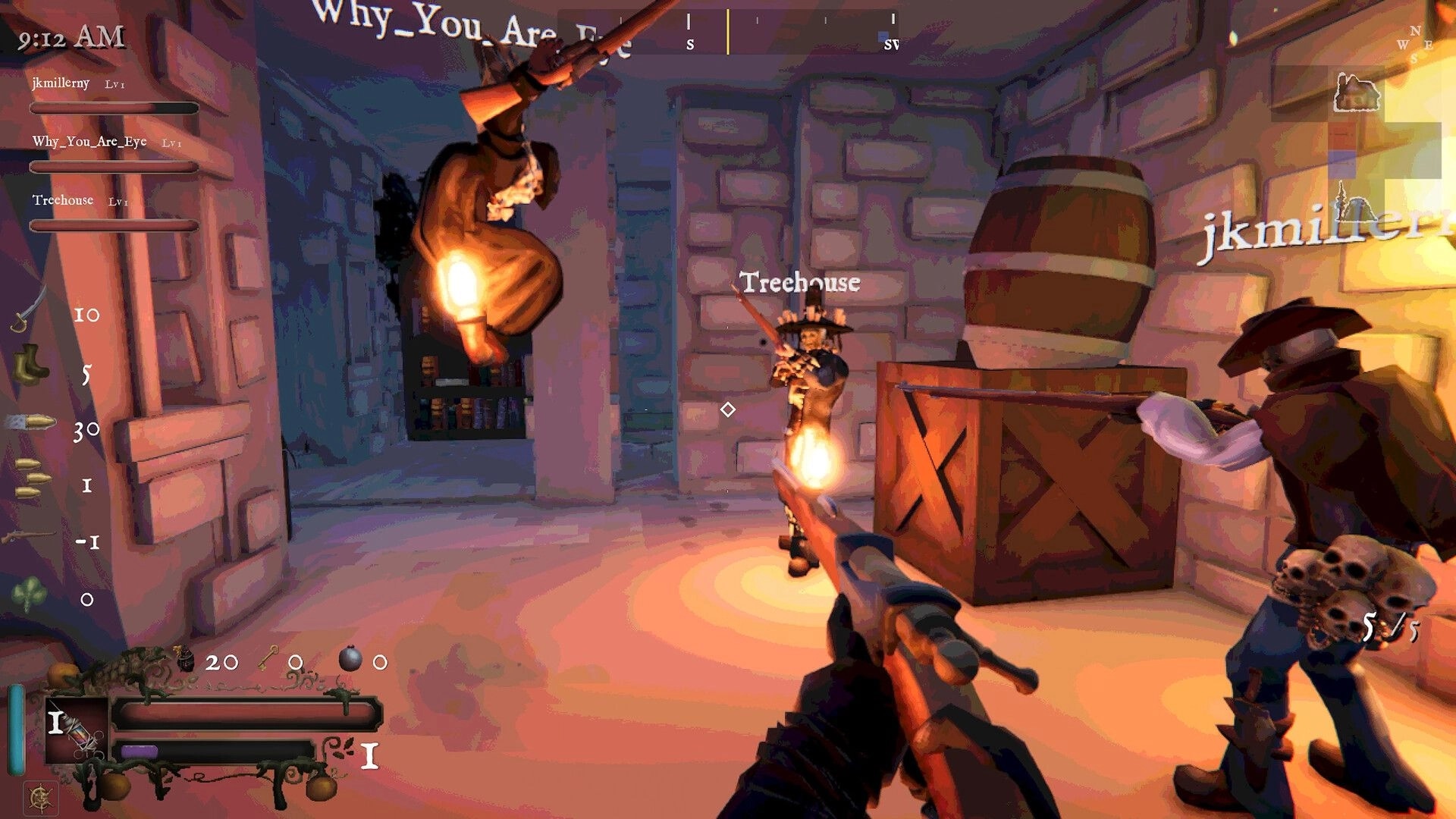 Gloam: First-person rifle aimed at ally Treehouse in a stone room with co-op HUD and ammo count.