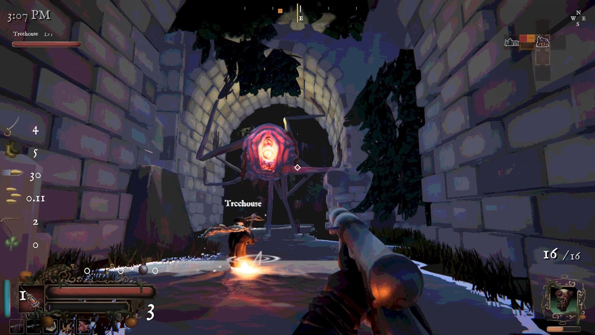 Gloam: First-person rifle aim at floating eye monster in stone corridor under archway, ammo HUD visible.