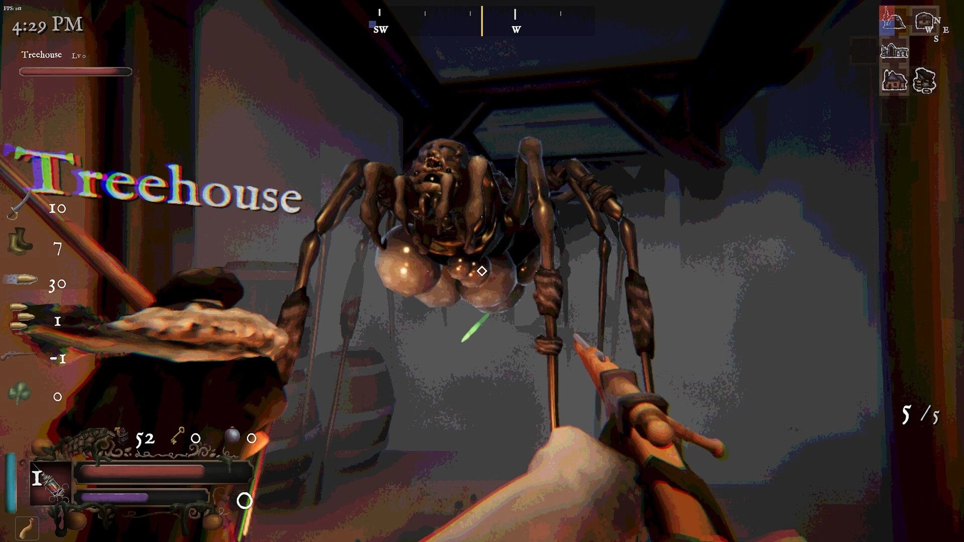 Gloam: First-person rifle aimed at a giant spider boss in a dim treehouse room with HUD and ammo count.