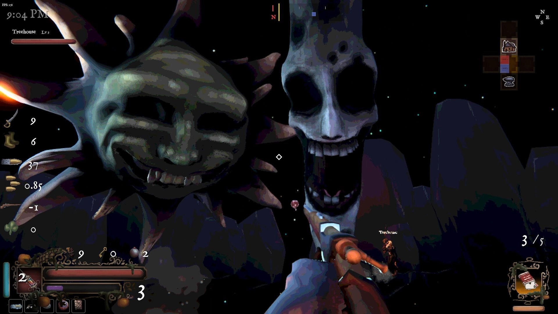 Gloam: First-person aim at huge grinning skull-faced monster in dark void, HUD and minimap visible.