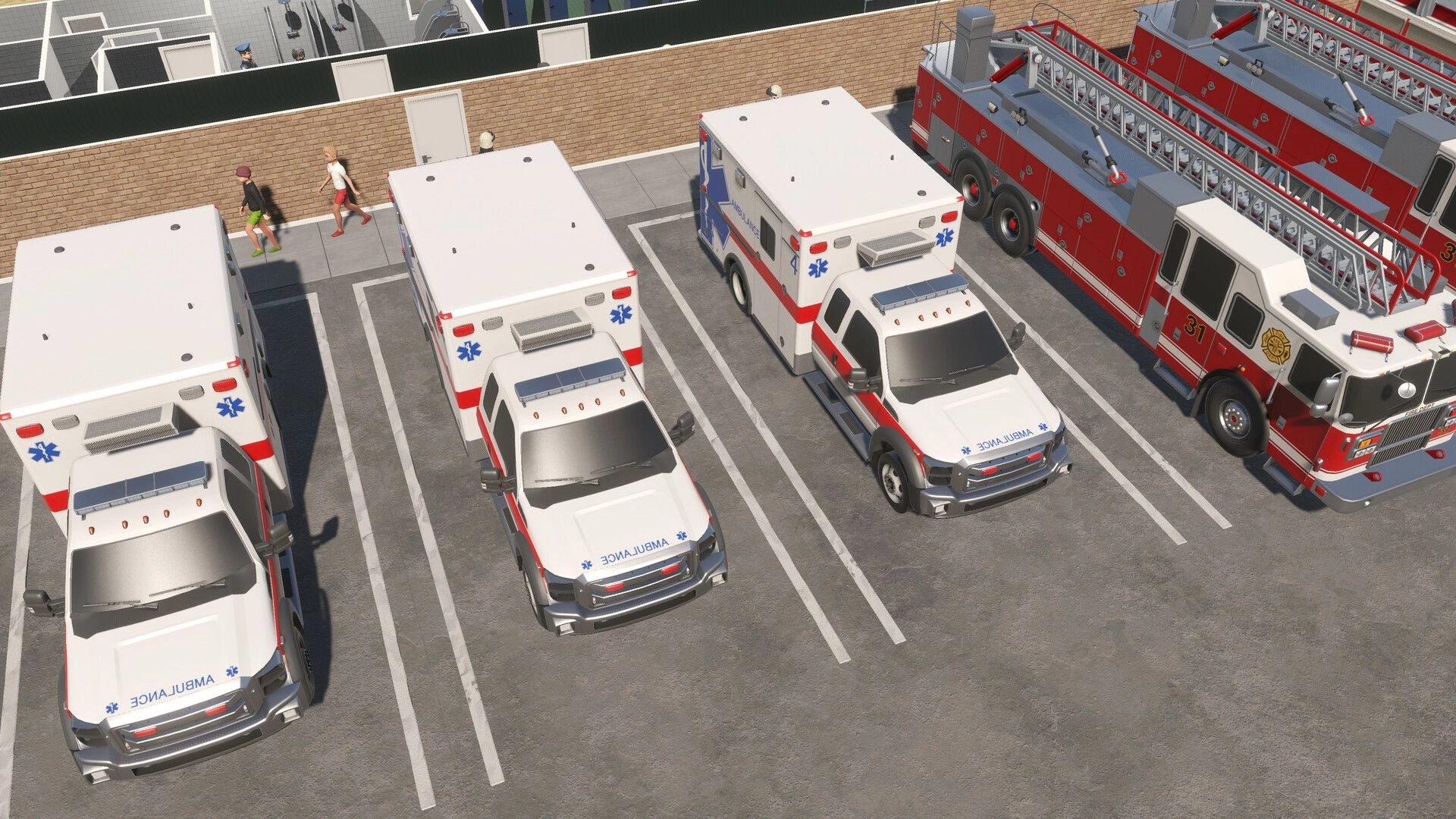 Global Rescue: Ambulances and fire trucks parked in a station lot with people walking nearby
