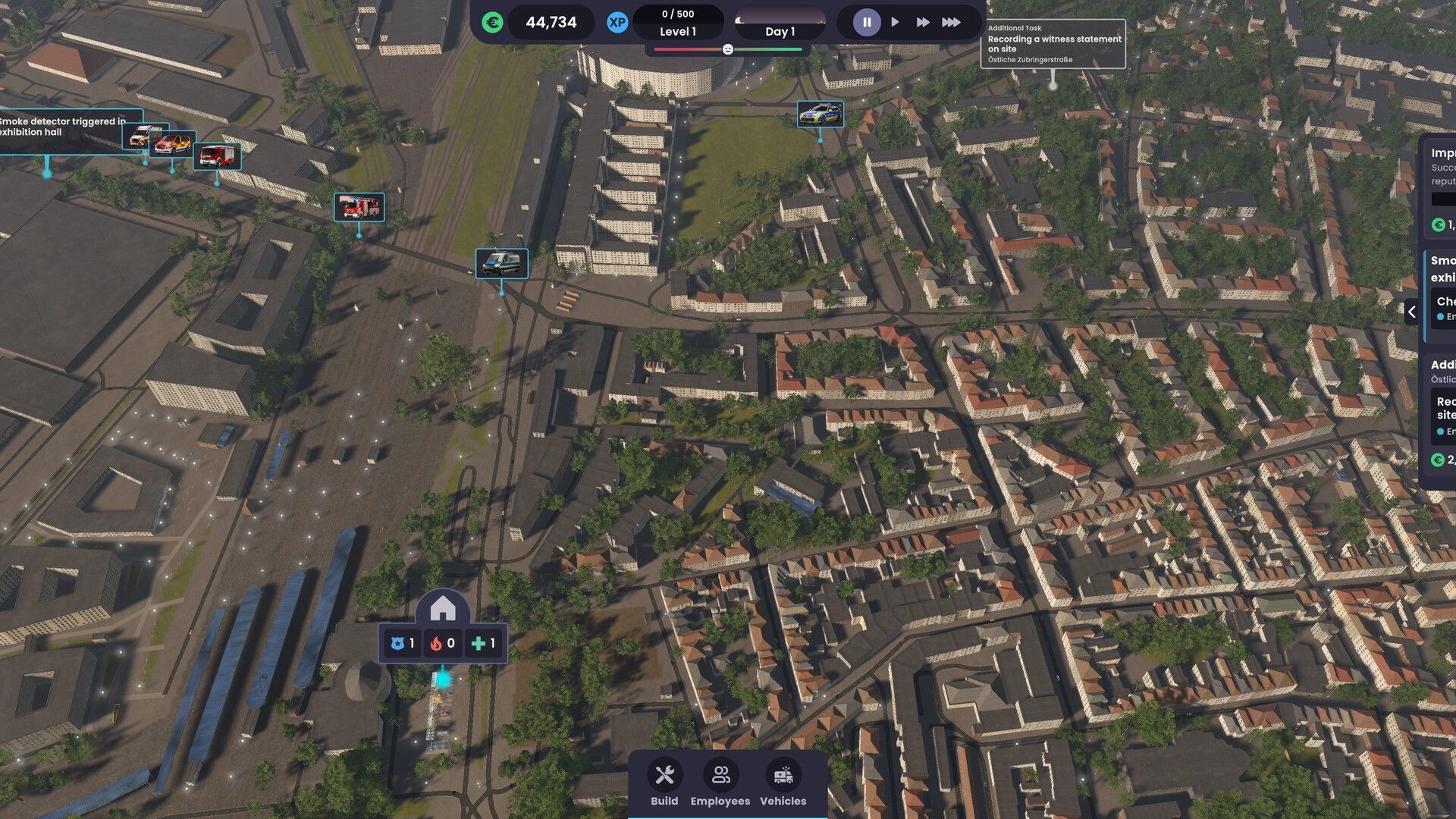 Global Rescue: Overhead view of city with active emergency vehicle routes and mission alerts visible