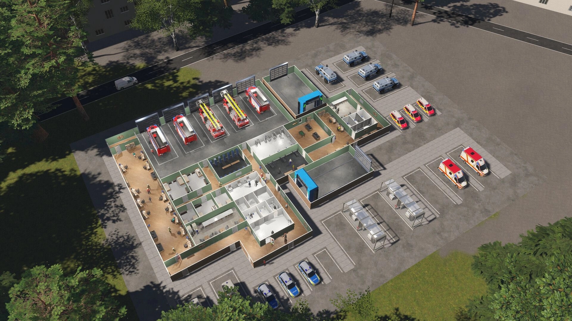 Global Rescue: Overhead view of emergency base with fire trucks, ambulances, and detailed building layout