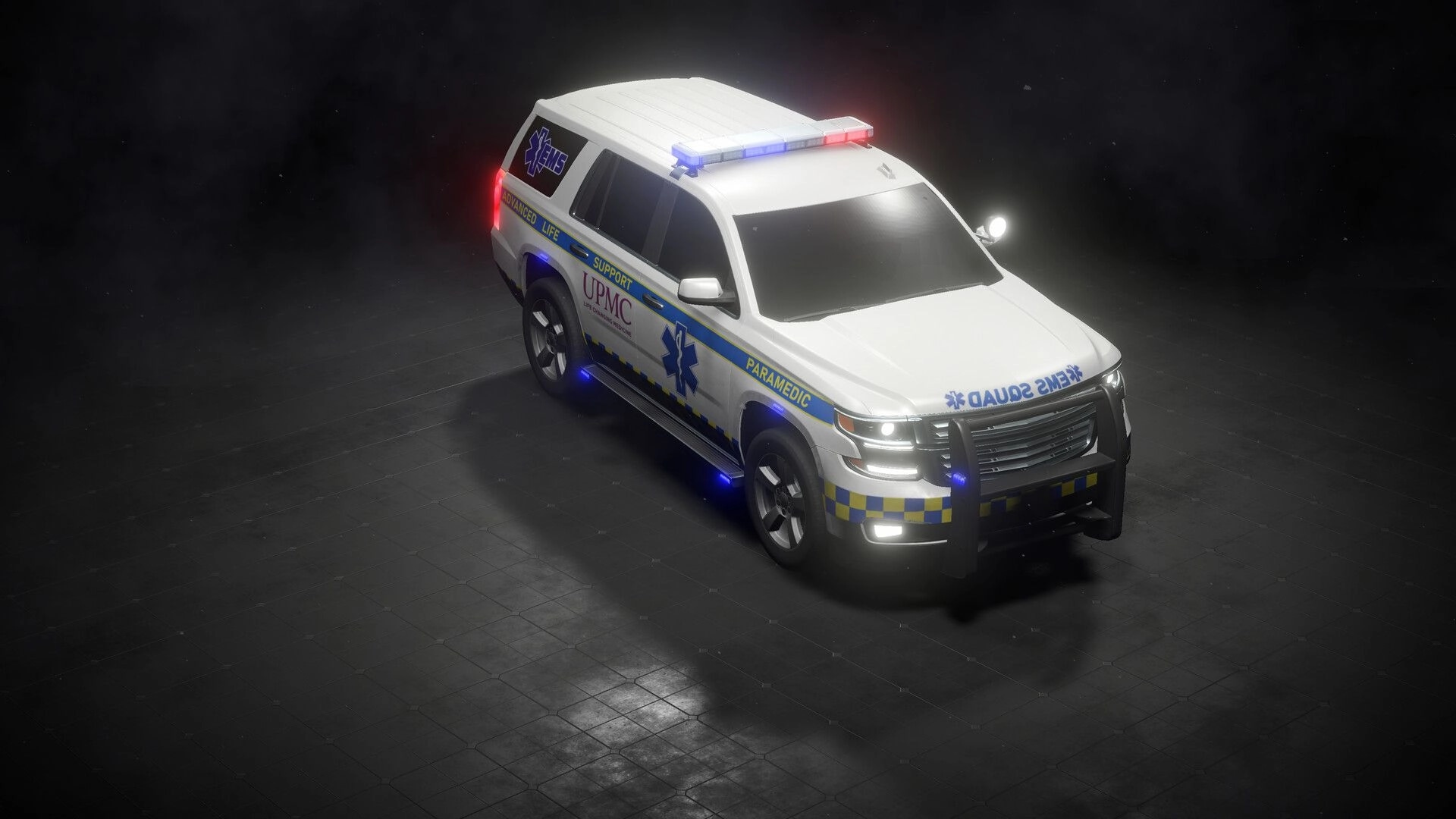 Global Rescue: EMS squad vehicle on a dark, foggy street environment with emergency lights activated