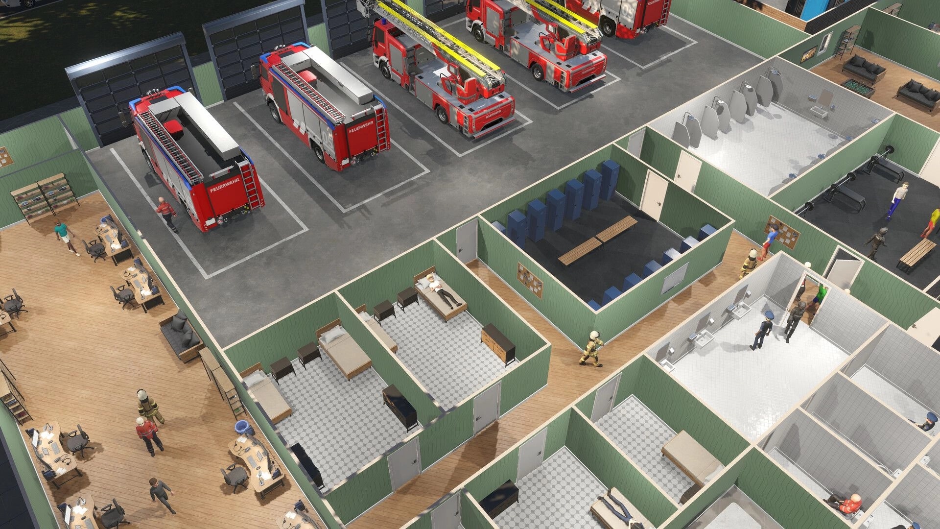 Global Rescue: Firefighting vehicles in garage and busy office rooms in a large emergency services base