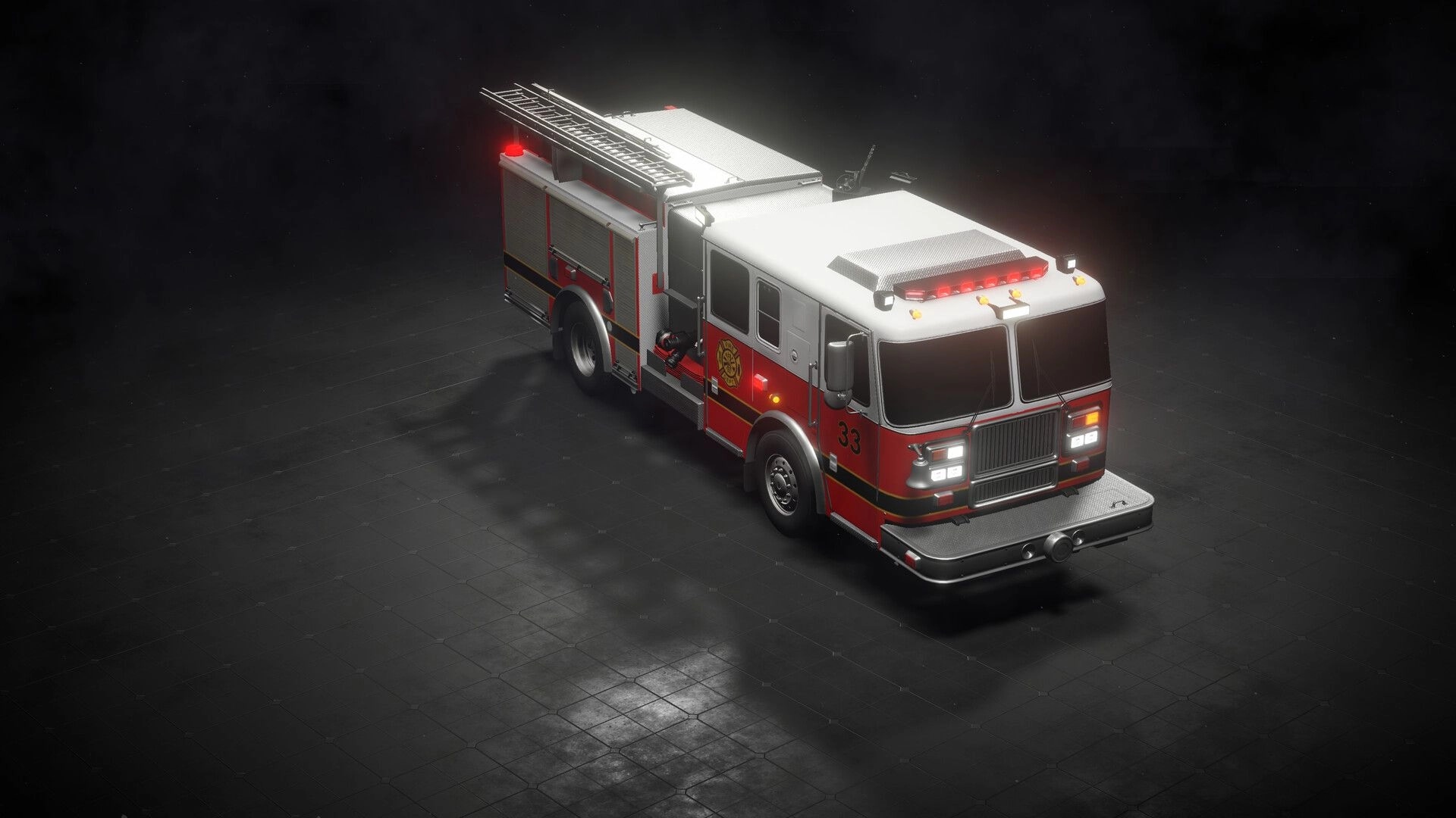 Global Rescue: Fire truck on dark tiled floor with lights on and ladder visible on top