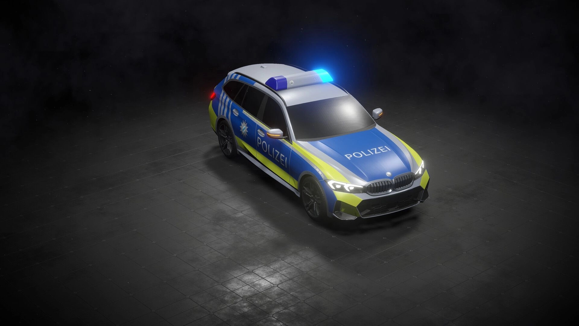 Global Rescue: Police car with blue lights on in a dimly lit garage environment