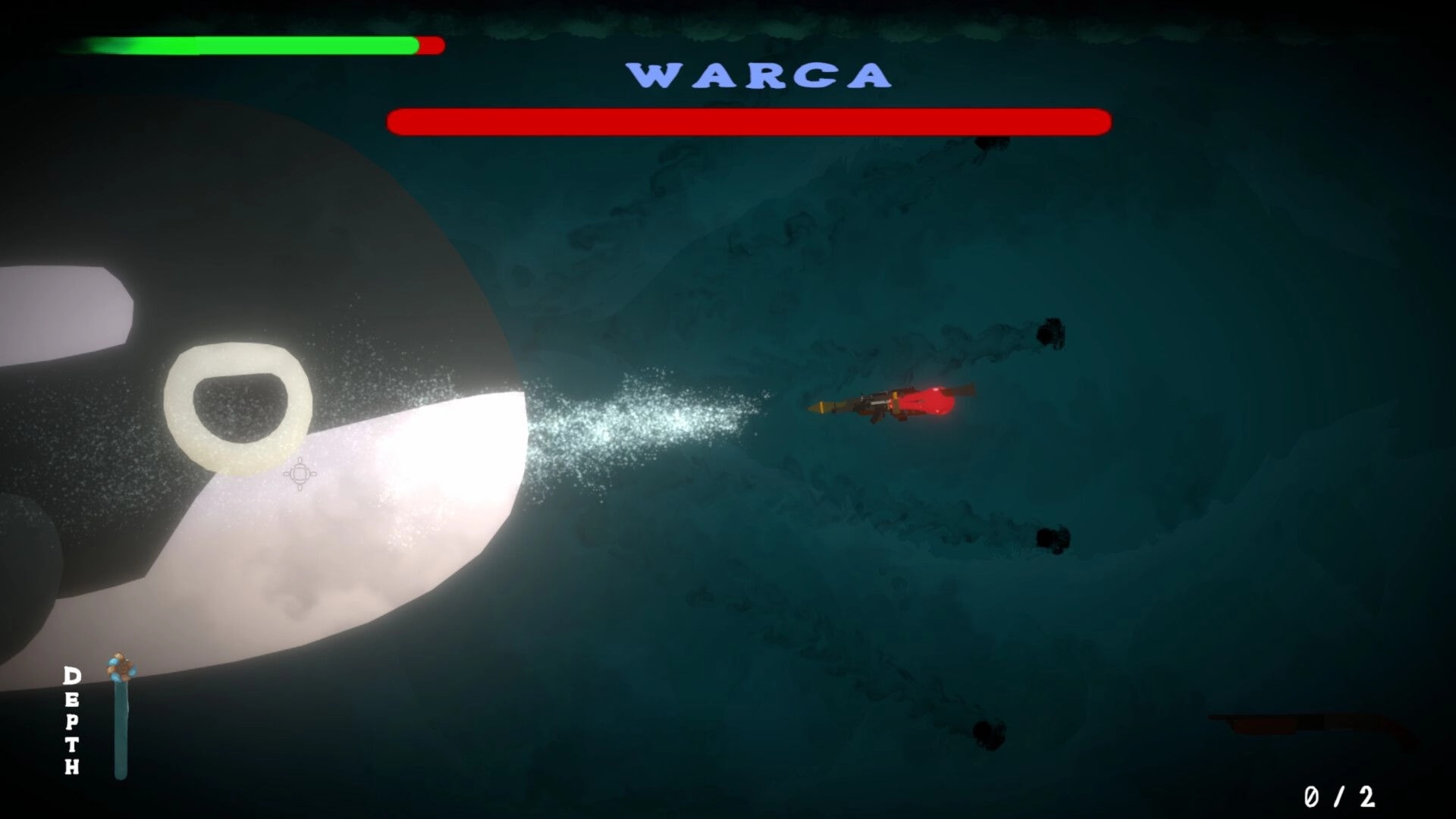 Gloctopus: Combat with giant enemy Warca in deep sea arena with health bars and depth gauge visible