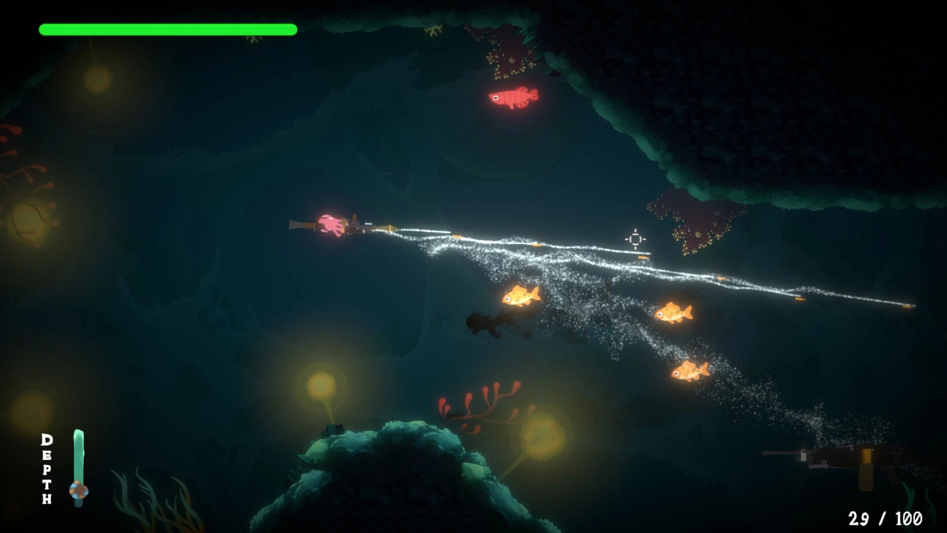 Gloctopus: Gun-wielding octopus attacks fish enemies in a dark underwater cave with glowing lights.