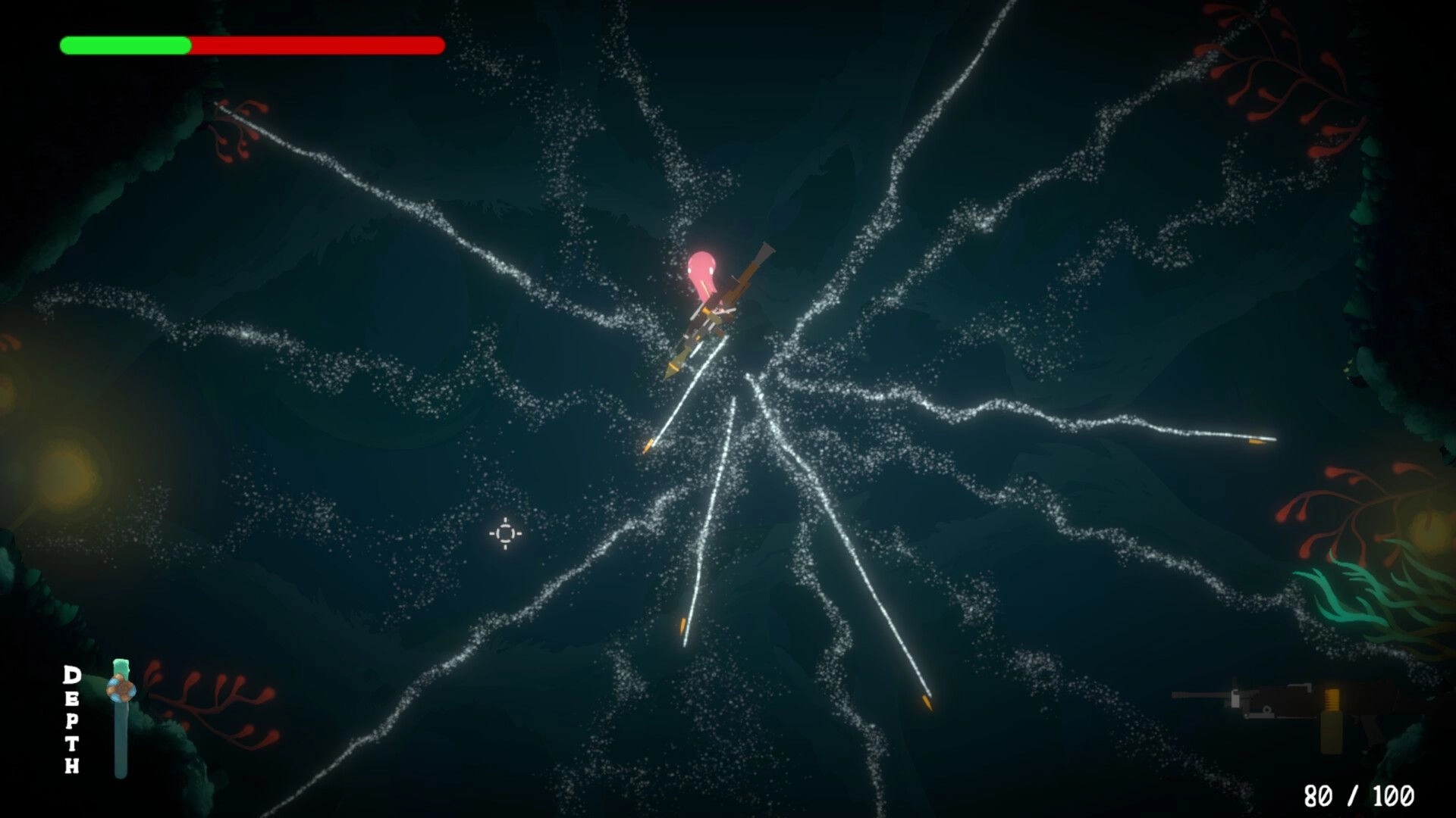 Gloctopus: Octopus shooting in dark underwater arena with health bar and depth indicator visible