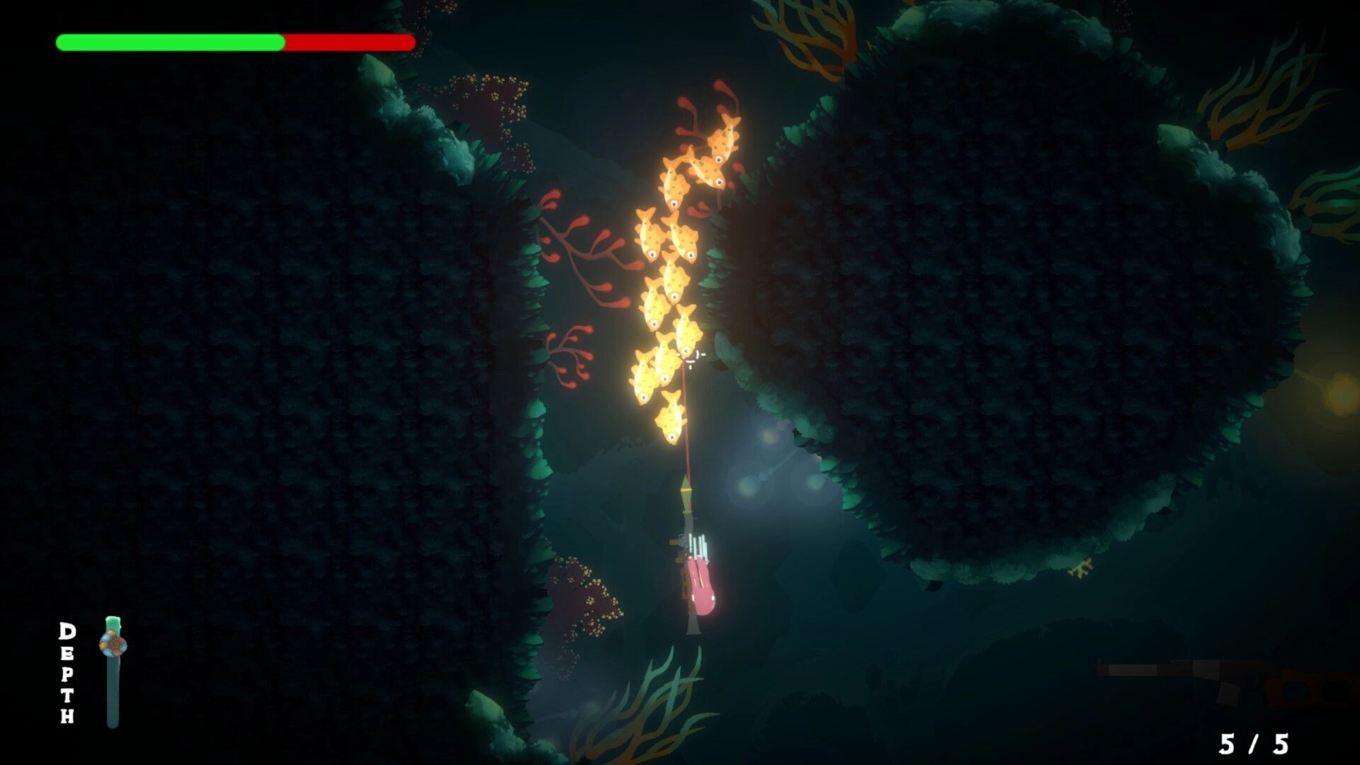 Gloctopus: Gun-wielding octopus fires at glowing fish swarm in underwater cavern with HP and depth UI.