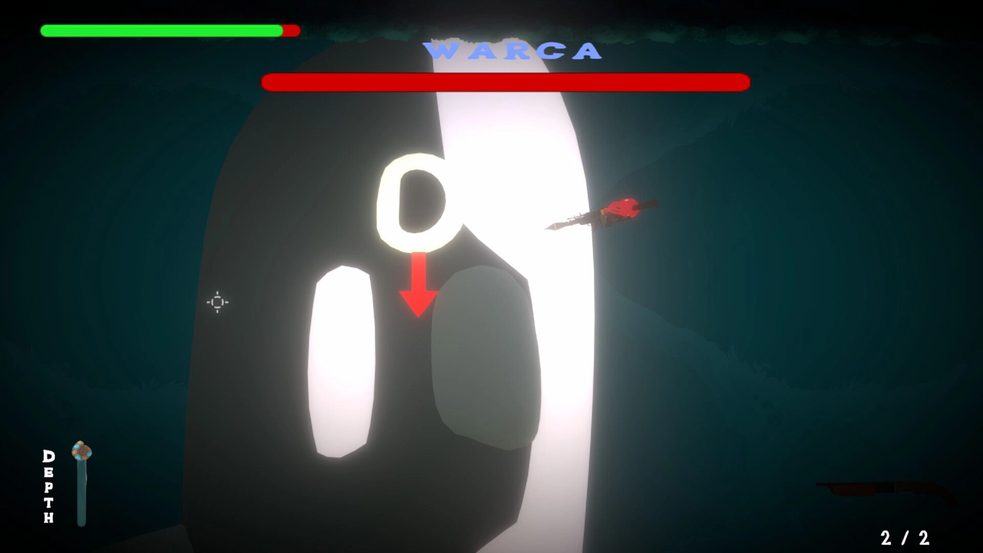 Gloctopus: Boss fight with Warca in dark underwater arena, health bars and ammo count visible