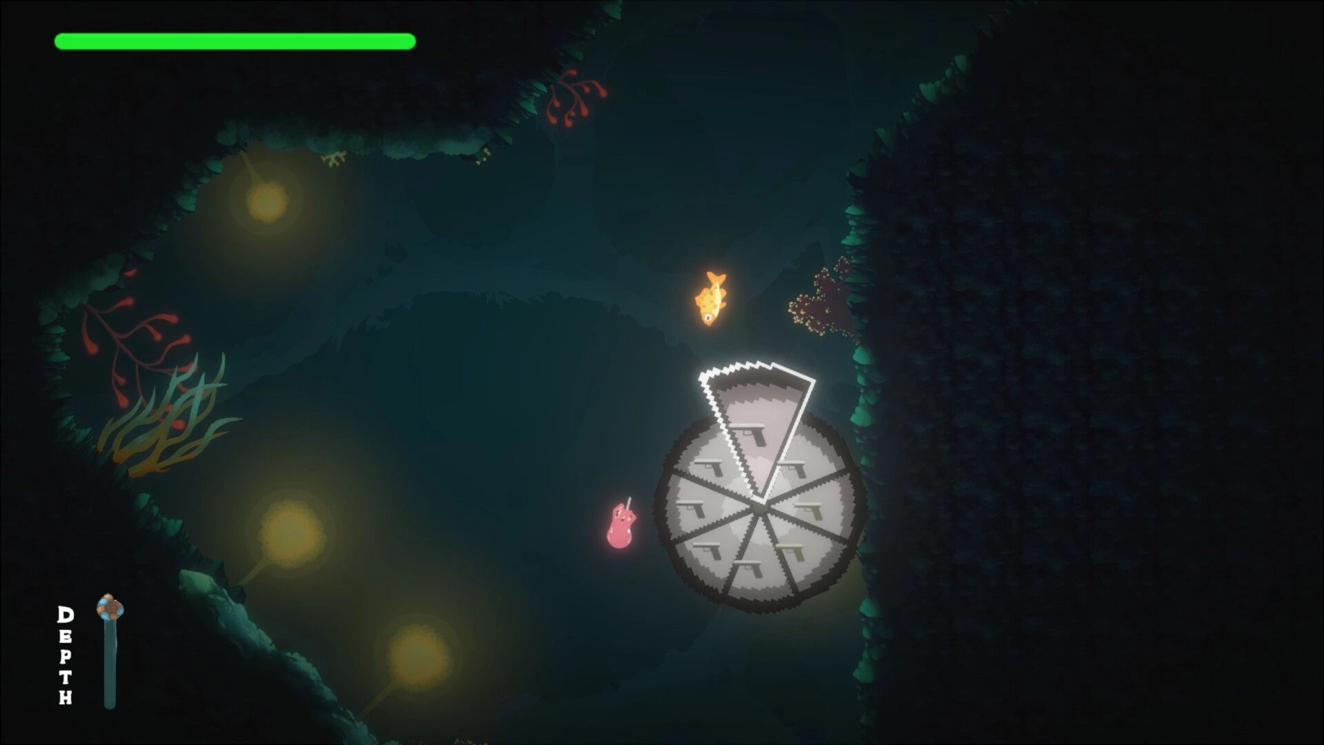 Gloctopus: Pink octopus selecting weapons in dark underwater cavern with glowing fish nearby