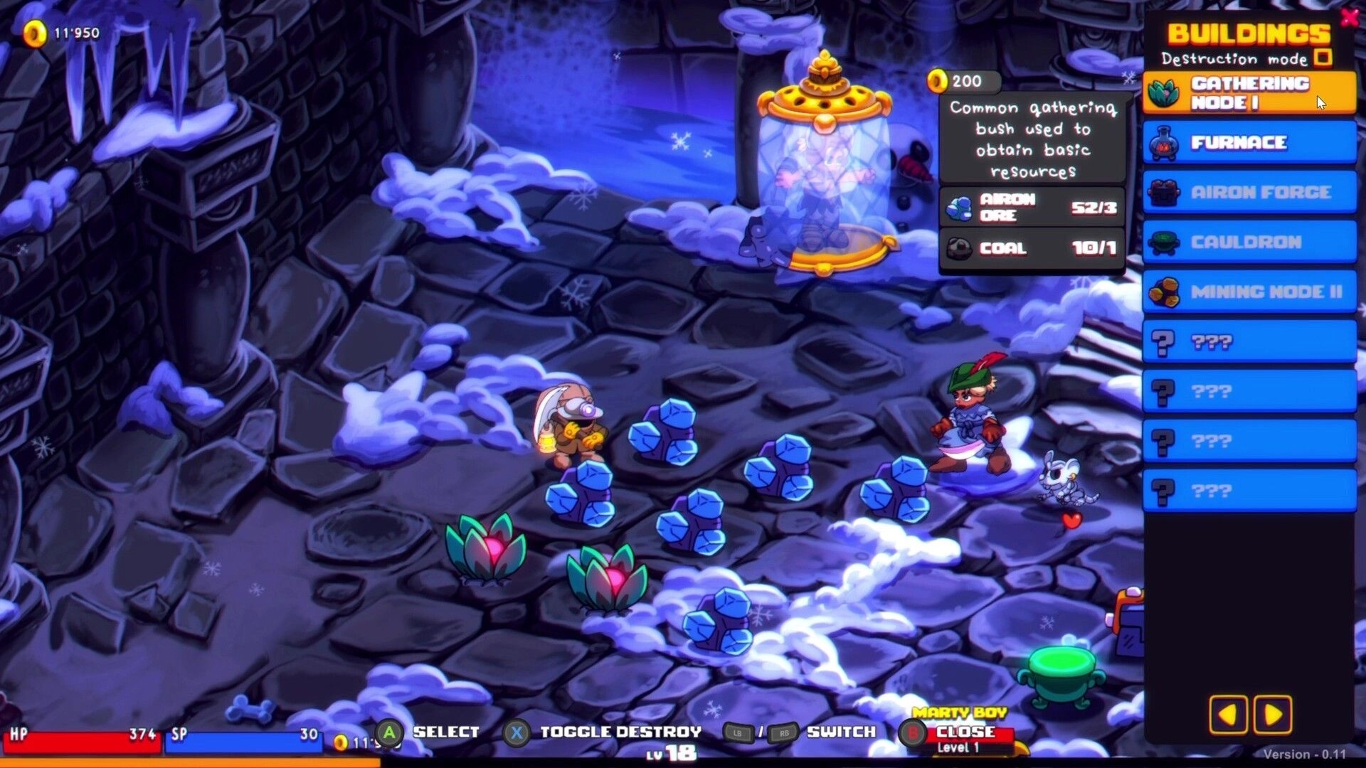 Gloom Punks: Building menu open as two heroes stand by ore piles in a snowy stone ruin base.