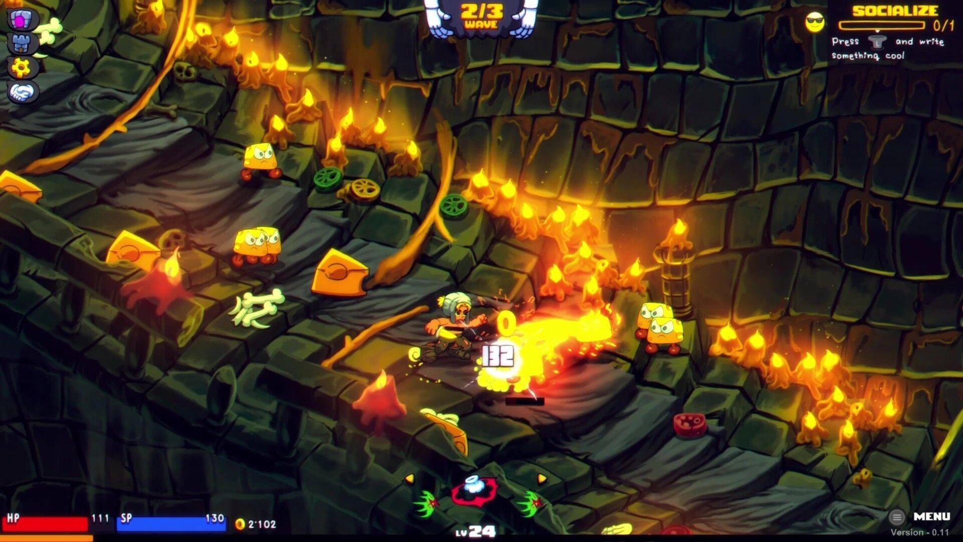 Gloom Punks: Hero blasts fire at cube monsters in a candlelit stone dungeon, wave 2/3 UI visible.