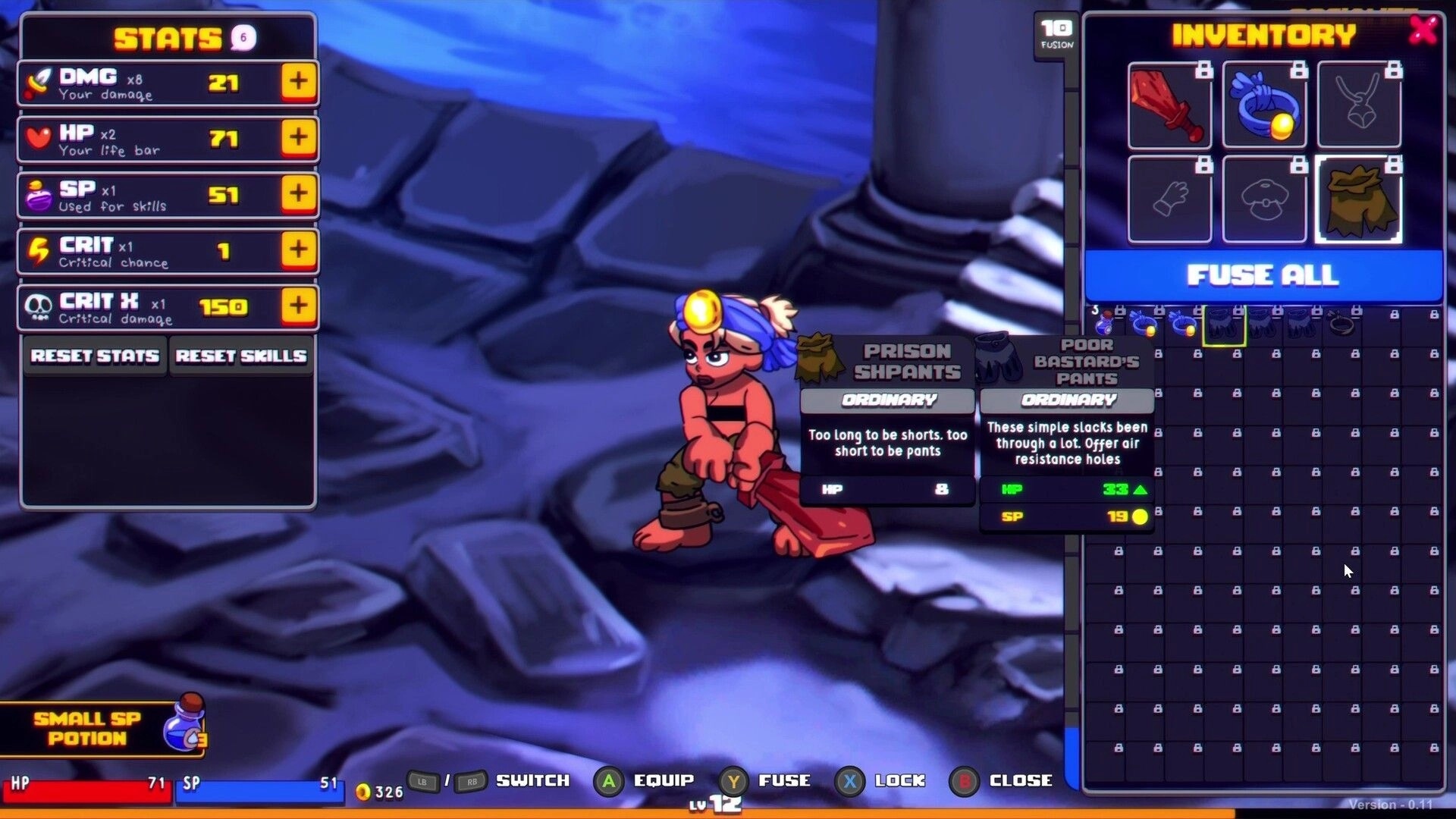 Gloom Punks: Inventory and stats UI open over crouched hero on rocky ground, fuse items menu open.