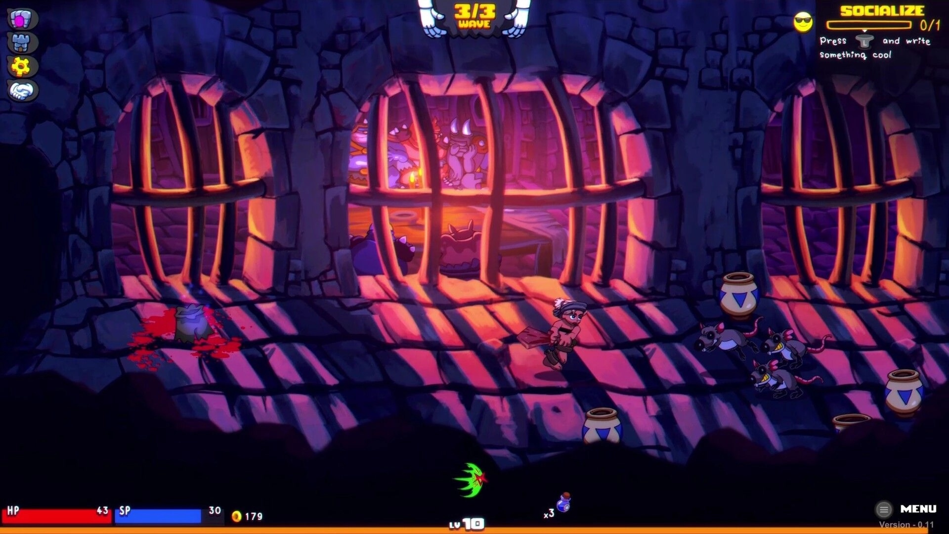 Gloom Punks: Player runs past barred dungeon cells as rat enemies swarm, Socialize quest UI active.
