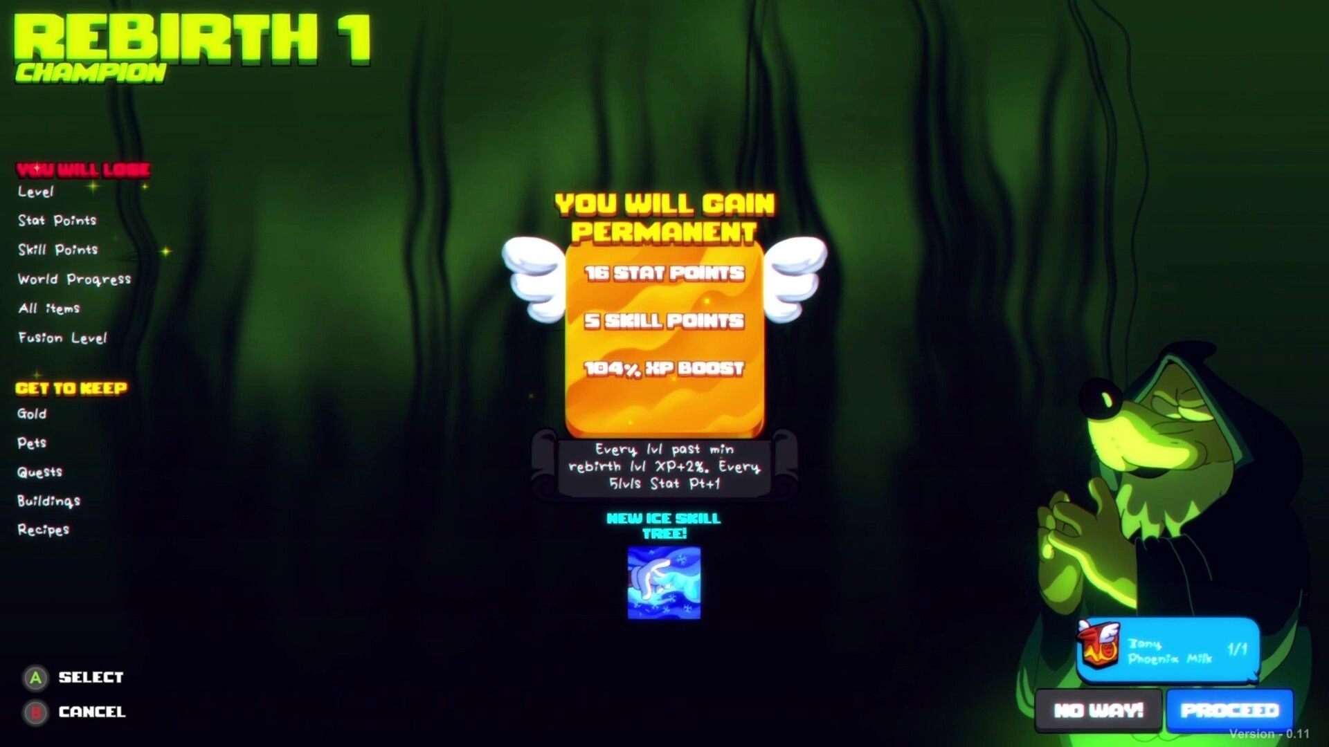 Gloom Punks: Rebirth 1 reward menu with permanent stat gains list over dark green cavern backdrop.