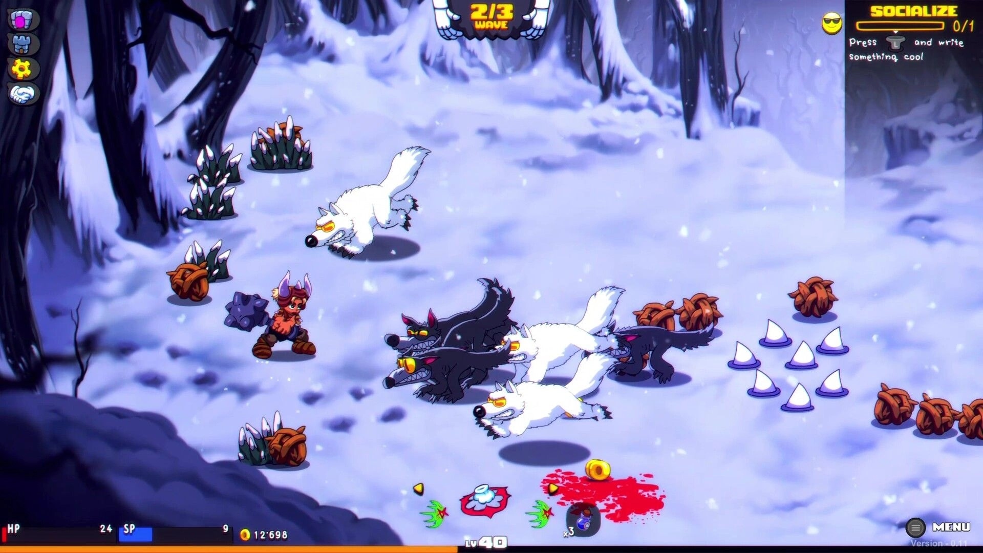 Gloom Punks: Hero fights pack of wolves in snowy forest arena with wave 2/3 and socialize UI prompt.