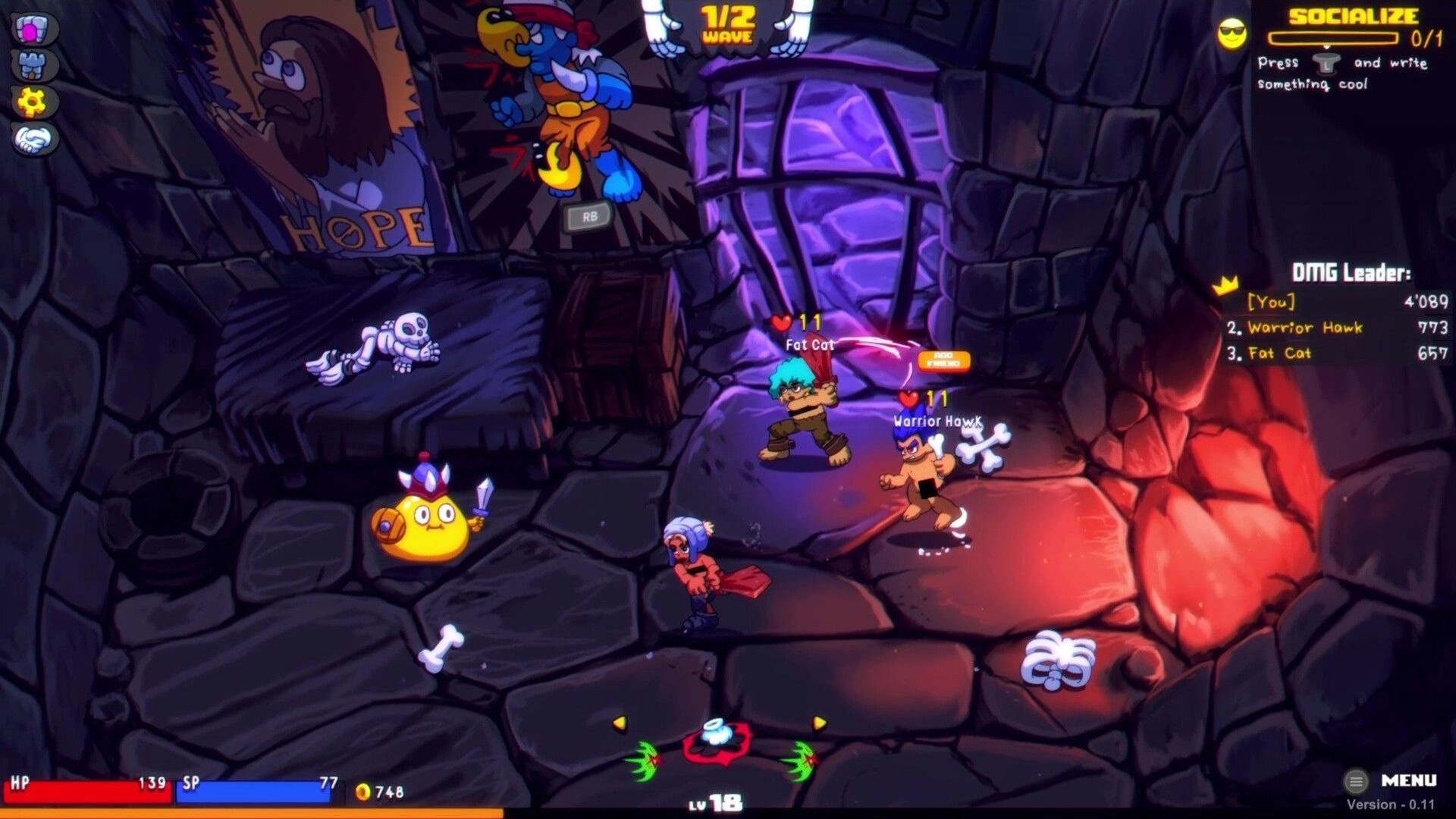 Gloom Punks: Co-op brawl with Fat Cat and Warrior Hawk in a rocky cave, wave and socialize UI visible.