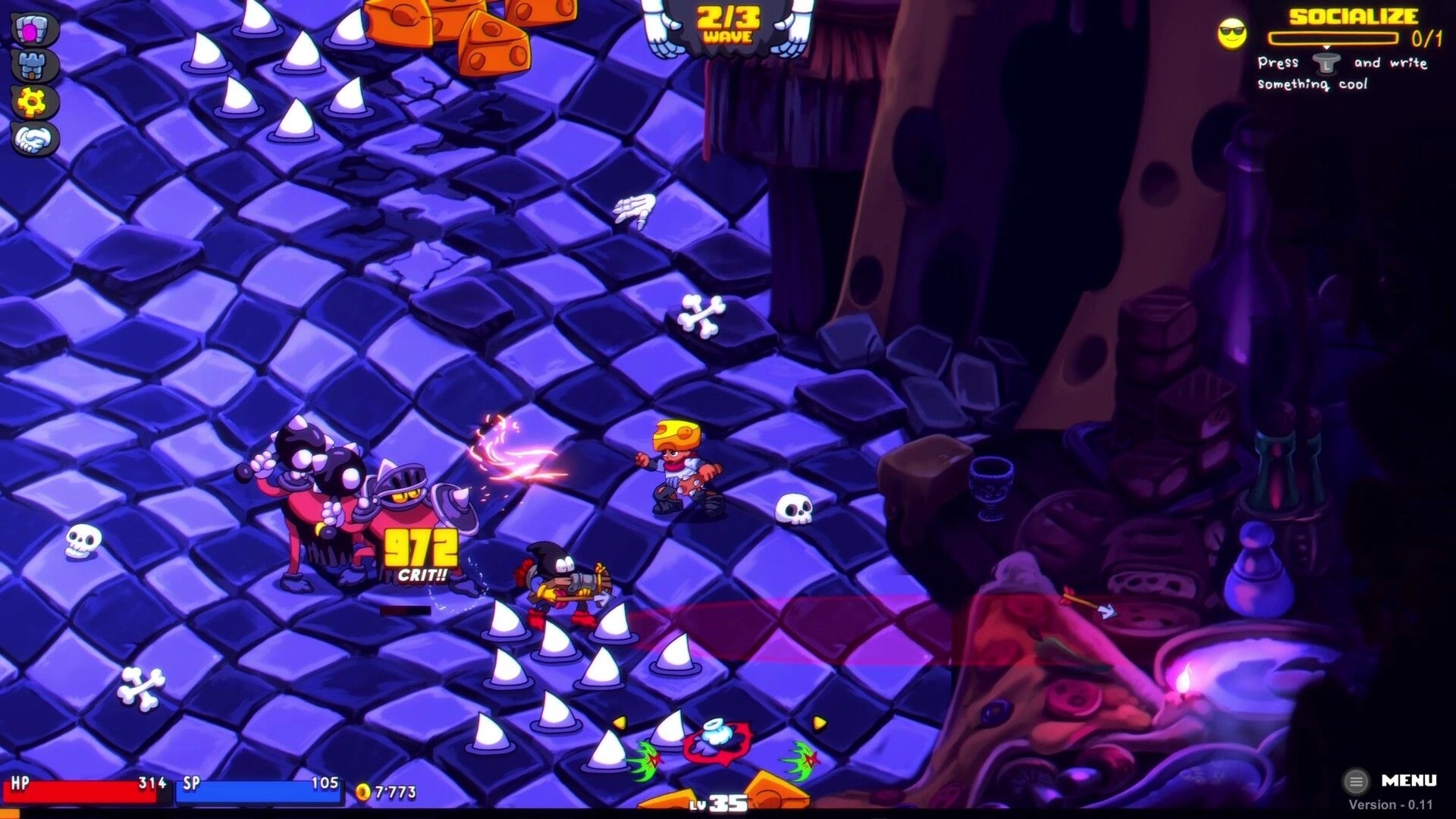 Gloom Punks: Co-op fight with crit damage pop-up on spiked tiles in a purple dungeon room UI visible.